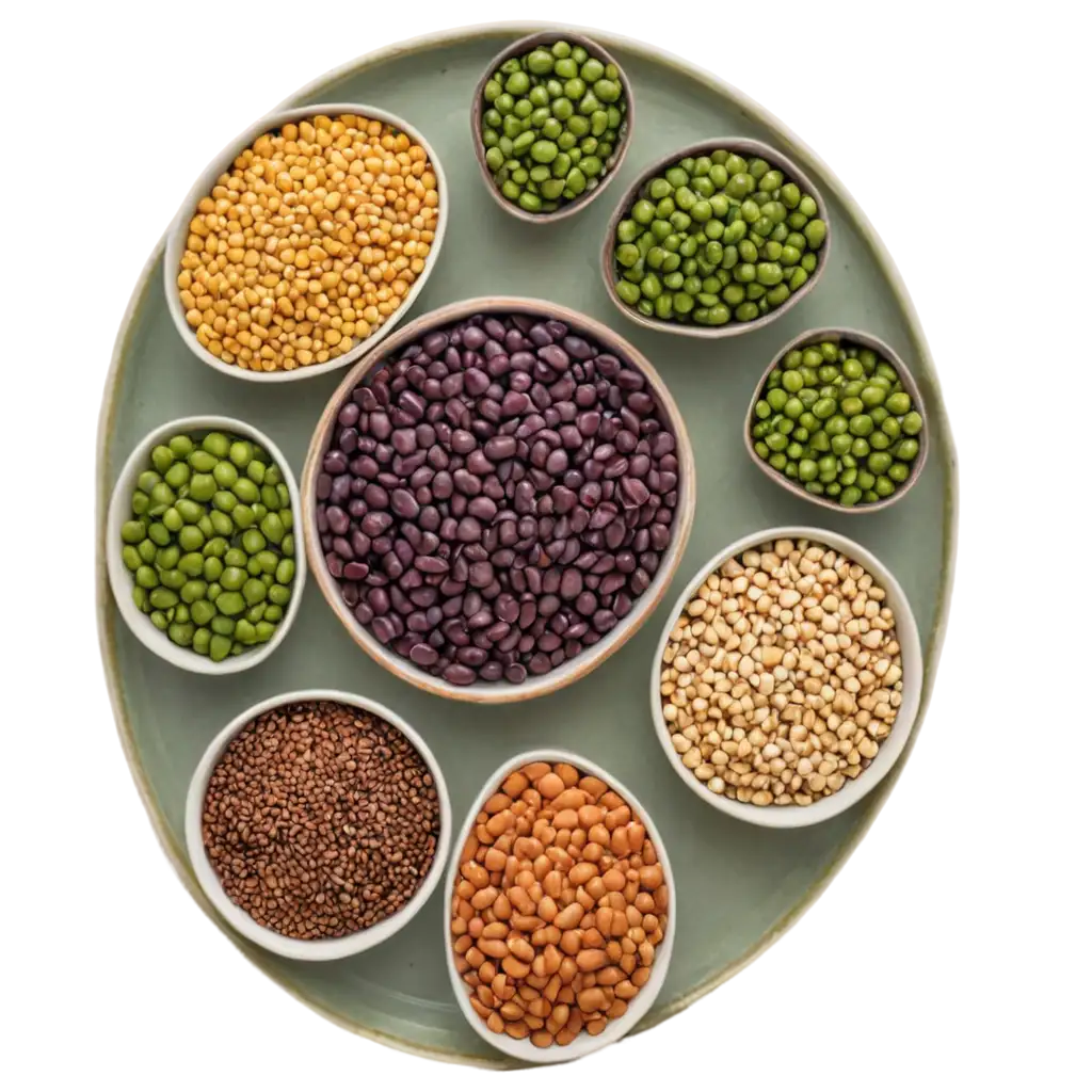 plate with beans, grains, lentils and peas, viewed from above