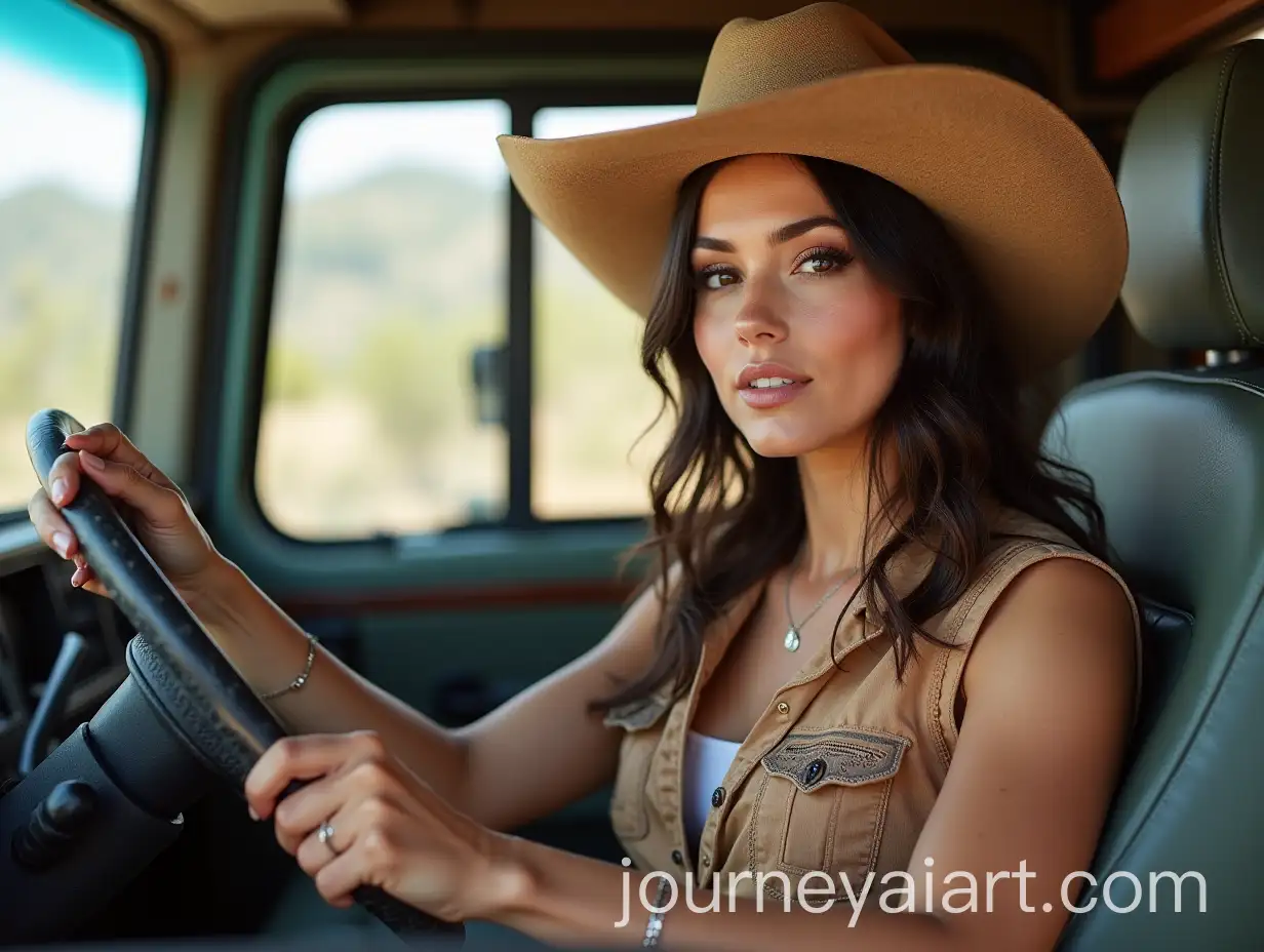 Brunette-Woman-in-Cowboy-Hat-and-Riding-Attire-Driving-a-Trans-Am
