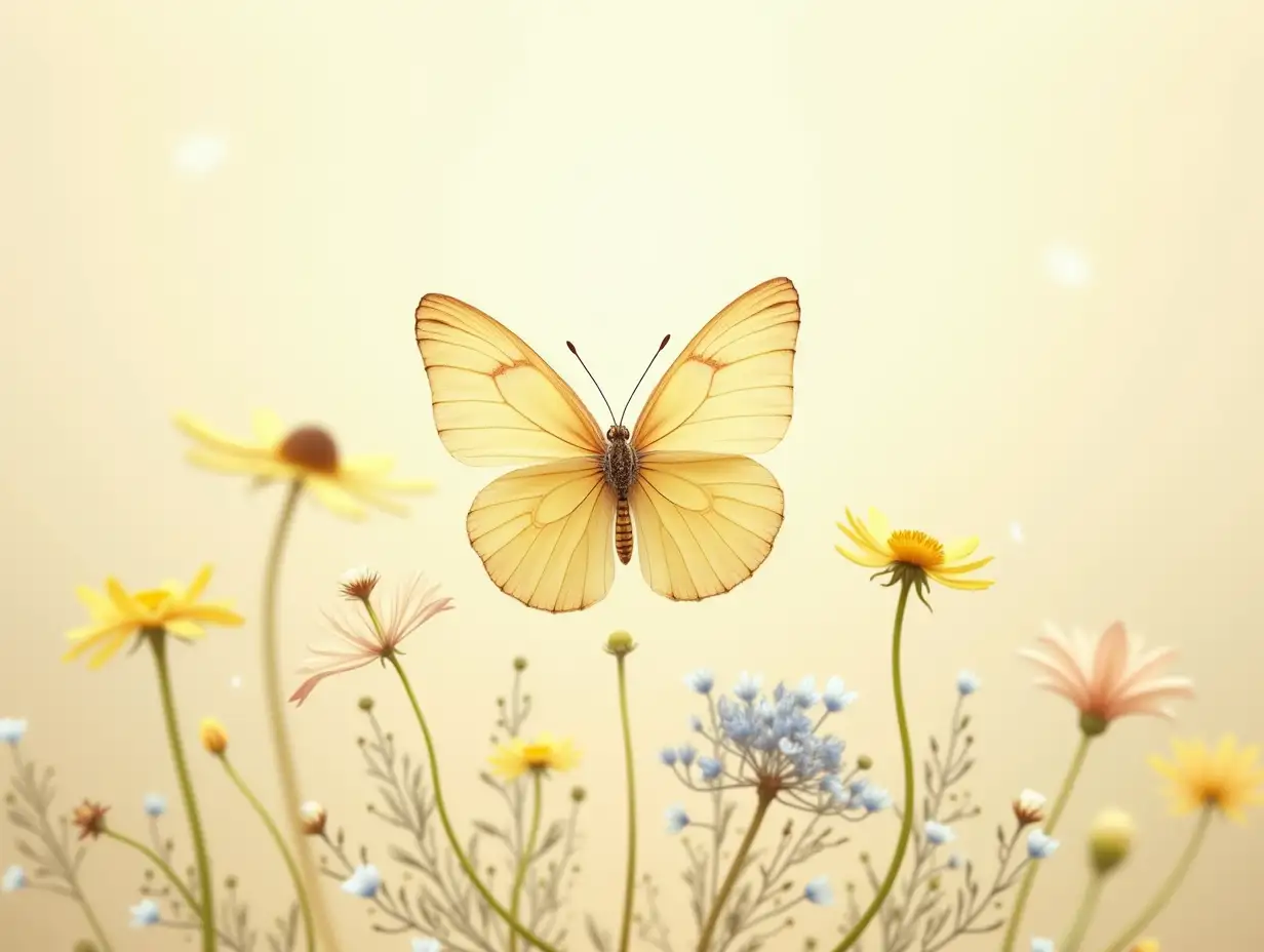 A soft, impressionistic close-up of a pale yellow-cream butterfly with subtle peachy tones, its delicate wings spread wide amidst a field of pressed wildflowers. The flowers include pastel yellow cosmos-like blooms, small daisy-like flowers, and delicate light-blue wildflowers. The background is a muted beige-tan, enhancing the vintage, antique aesthetic. The textures of the butterfly’s wings and pressed flowers blend seamlessly, creating depth and dimension. The setting has an airy, botanical illustration feel, with diffused light casting a warm glow. Faint watermarks or lettering subtly enhance the delicate, timeless atmosphere.