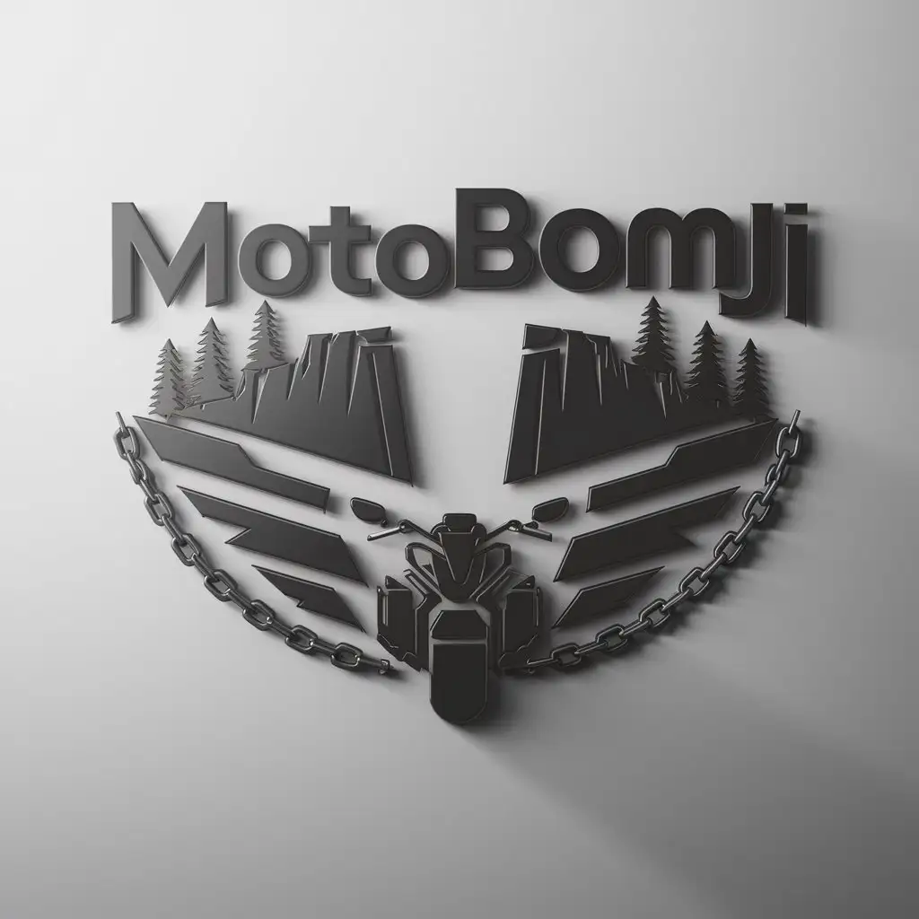 a logo design,with the text "motobomji", main symbol:cliffs, pines, metal chains, motorcycle,Moderate,be used in Automotive industry,clear background