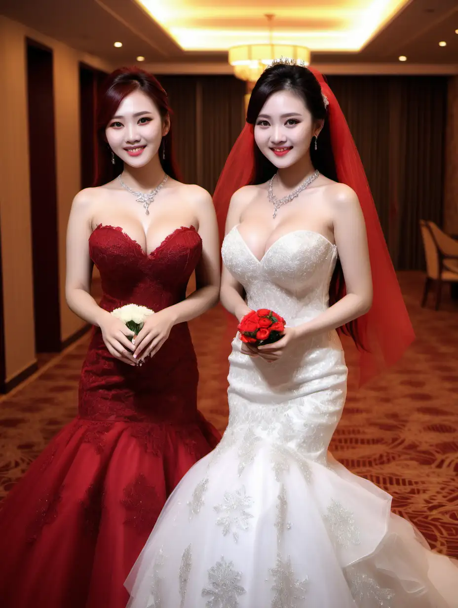 Three-Female-Models-in-Elegant-Dark-Red-Wedding-Dresses-with-Diamond-Necklaces-Smiling-in-Luxury-Hotel-Setting