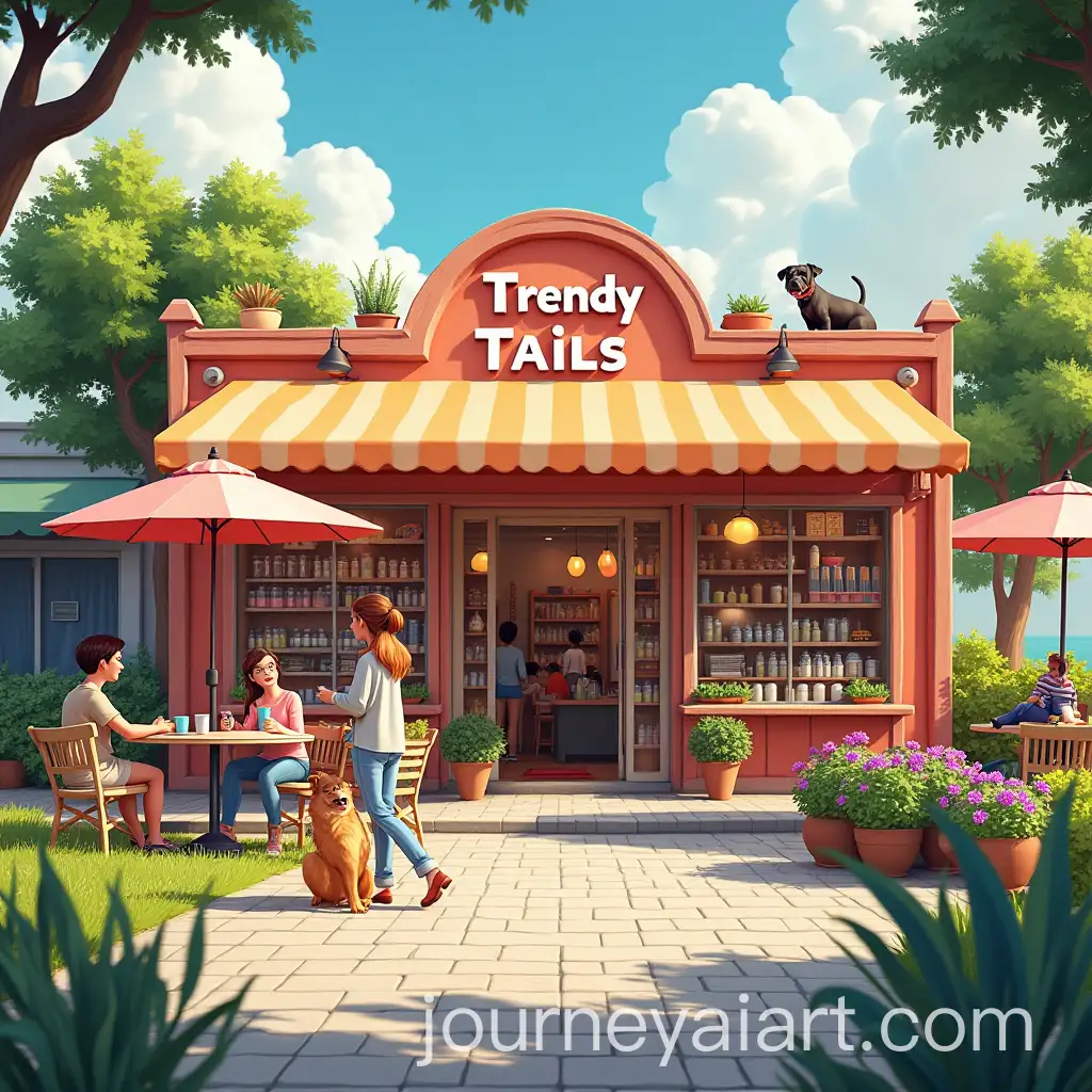 Trendy-Tails-Pet-Store-Vibrant-SemiOutdoor-Scene-with-Customers-and-Dogs