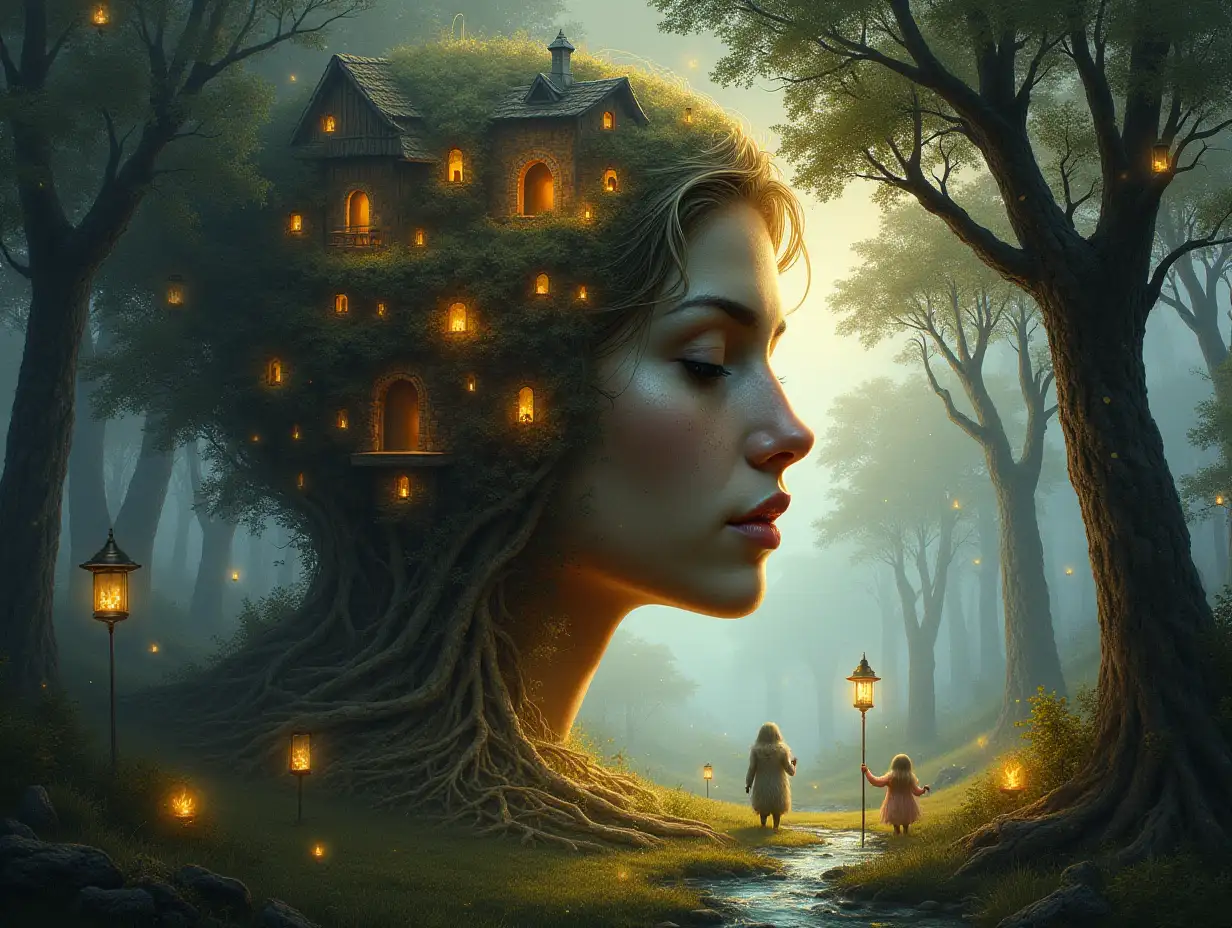 Creating a digital painting of a face with hair, that transforms into a building with golden stones and lit trees with roots river and lanterns and strange fairy beings on a meadow