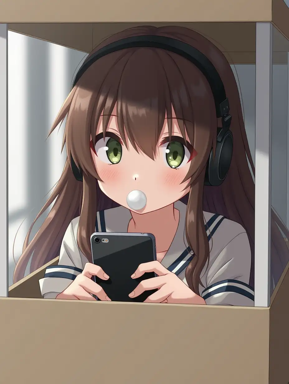 a girl with straight hair brunette, green-eyed, long hair to the shoulders, in a box with transparent window, with a phone and headphones, chewing gum