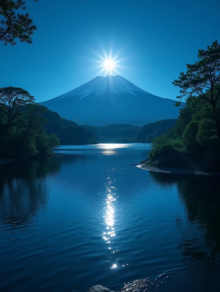 A serene summer night featuring Mount Fuji silhouetted against a radiant full moon. The moonlight reflects on the calm surface of a pristine lake at the mountain’s base, creating a shimmering silver path. Surrounding the lake, lush green foliage typical of summer frames the scene, with soft ripples and a warm breeze adding life to the stillness. The sky is clear, fading into deep shades of blue, highlighting the majestic presence of Mount Fuji and the tranquil beauty of a summer evening.