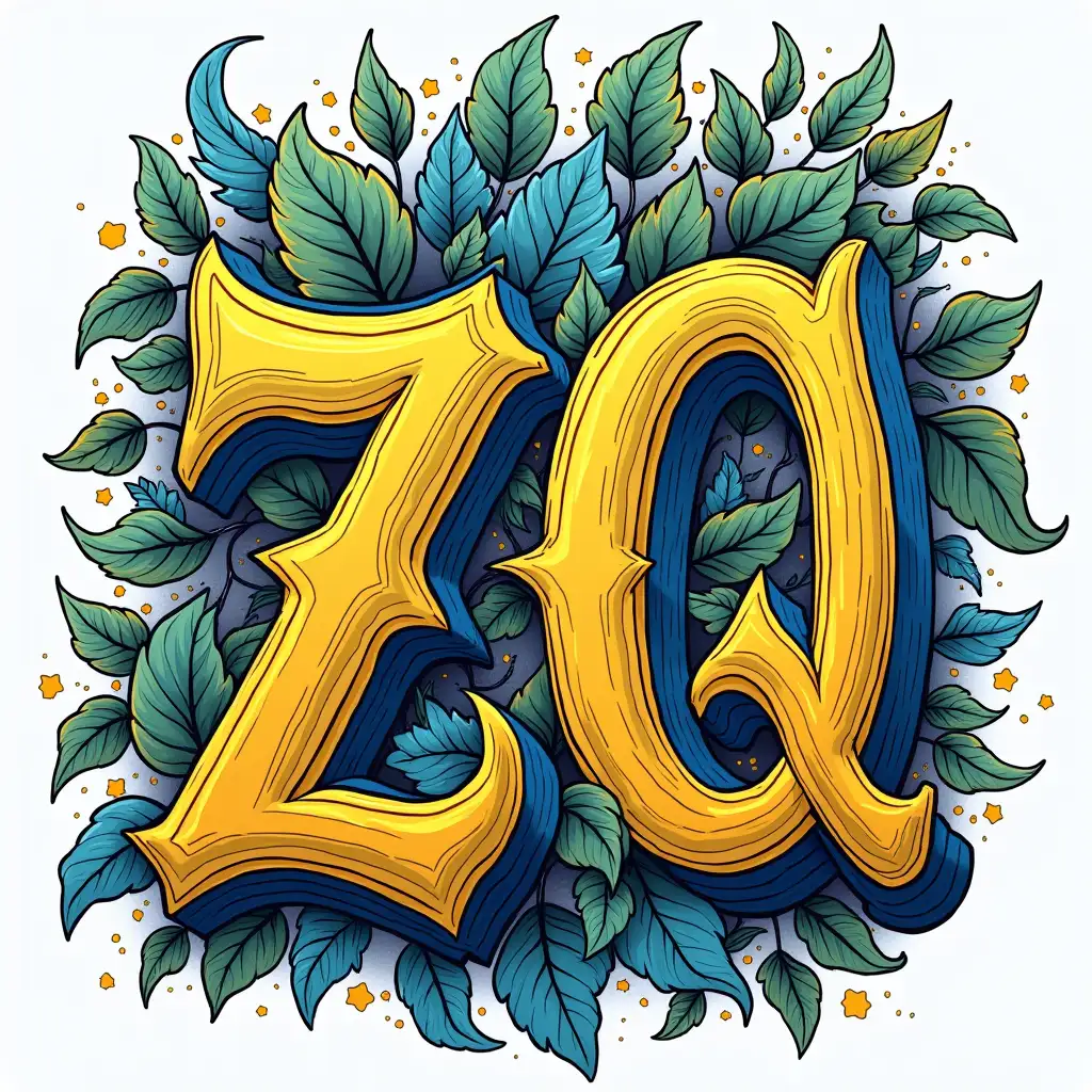 beautiful bold text saying - ZQ, yellow, blue, intricate, detailed, impactful