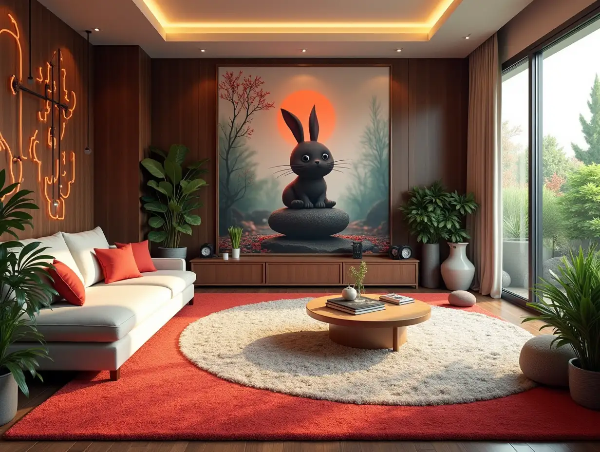 Large modern living room with Springbunny red, white carpet, lighting with furniture many plants with Demon Slayer image on the wall Zen-Garden with carefully tended rocks, a meditative 180 degree shot 8K resolution Colorful