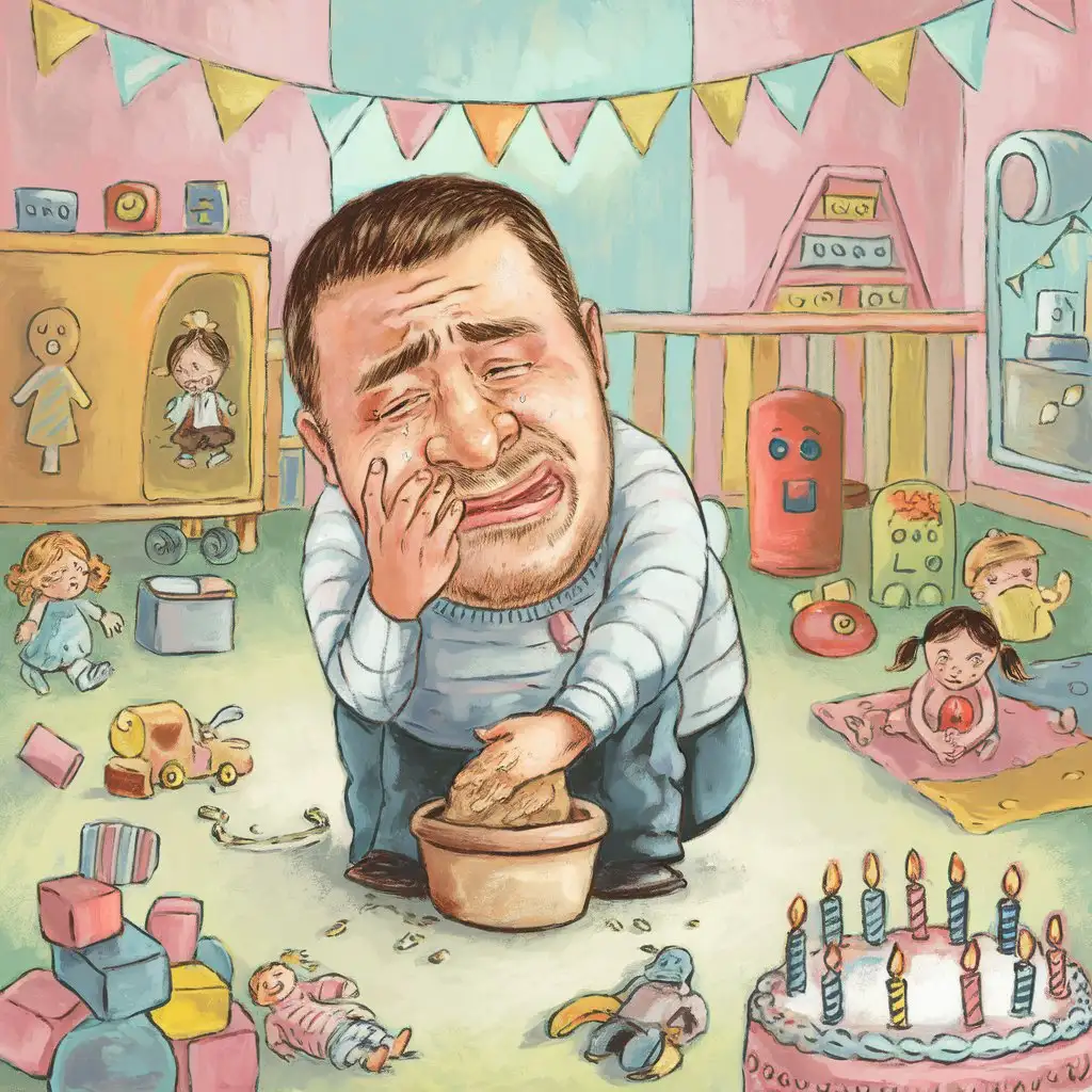 On his thirtieth birthday, Oleg snuck into a kindergarten and cried among the toys, and pooped in a small pot. A fun illustration in the humorous genre, complex and incredibly detailed, clear and colorful
