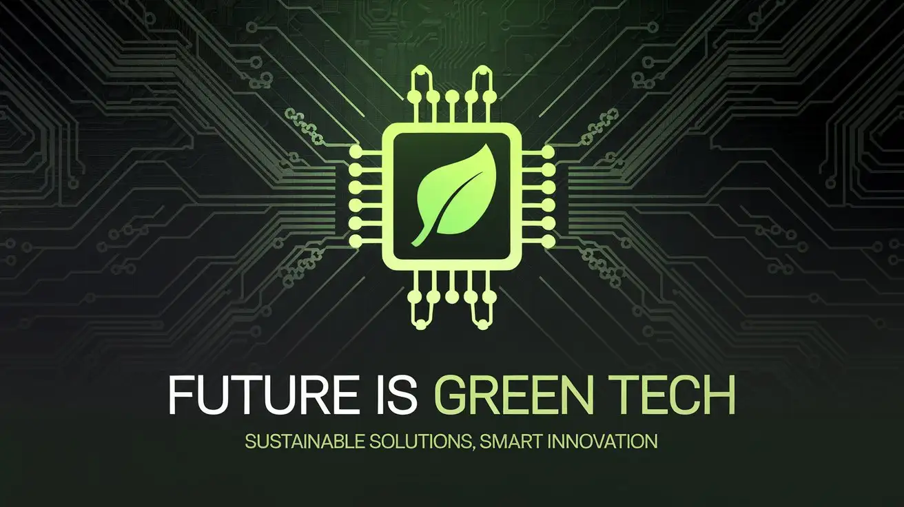 Create a square social media banner ad with a dark forest green background. Overlay a subtle circuit board pattern in a slightly lighter, metallic green. In the center, feature a stylized icon of a digital chip integrated with a leaf, symbolizing technology and nature combined. Use a sharp, modern, white font for the headline 'Future is Green Tech.' Below, in a smaller, light green font, add 'Sustainable Solutions, Smart Innovation.' Suitable for a tech company focused on sustainability. --ar 1:1 --v 5 --style digital art