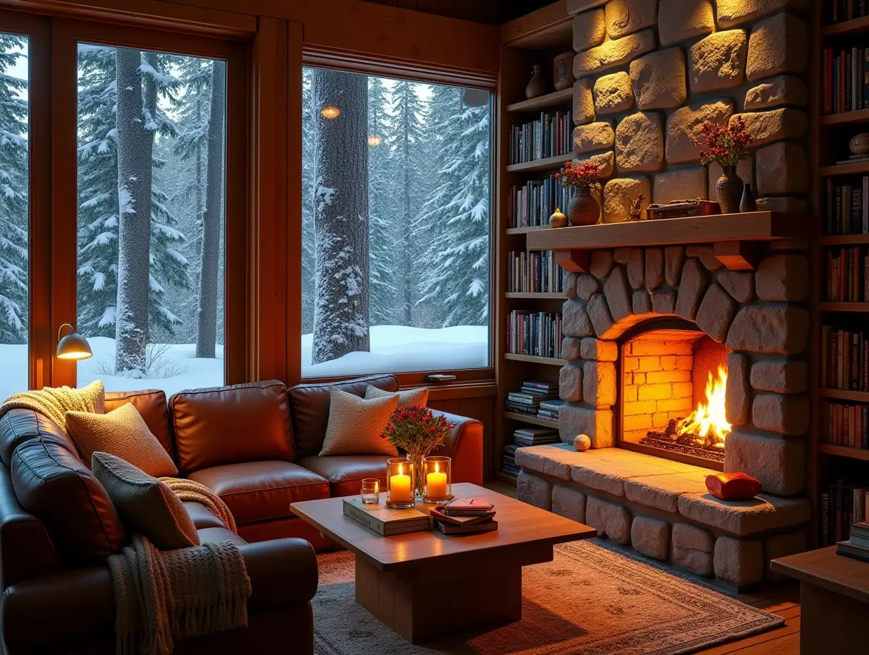 Cozy-Winter-Cabin-Interior-with-Fireplace-and-Serene-Snowy-Views