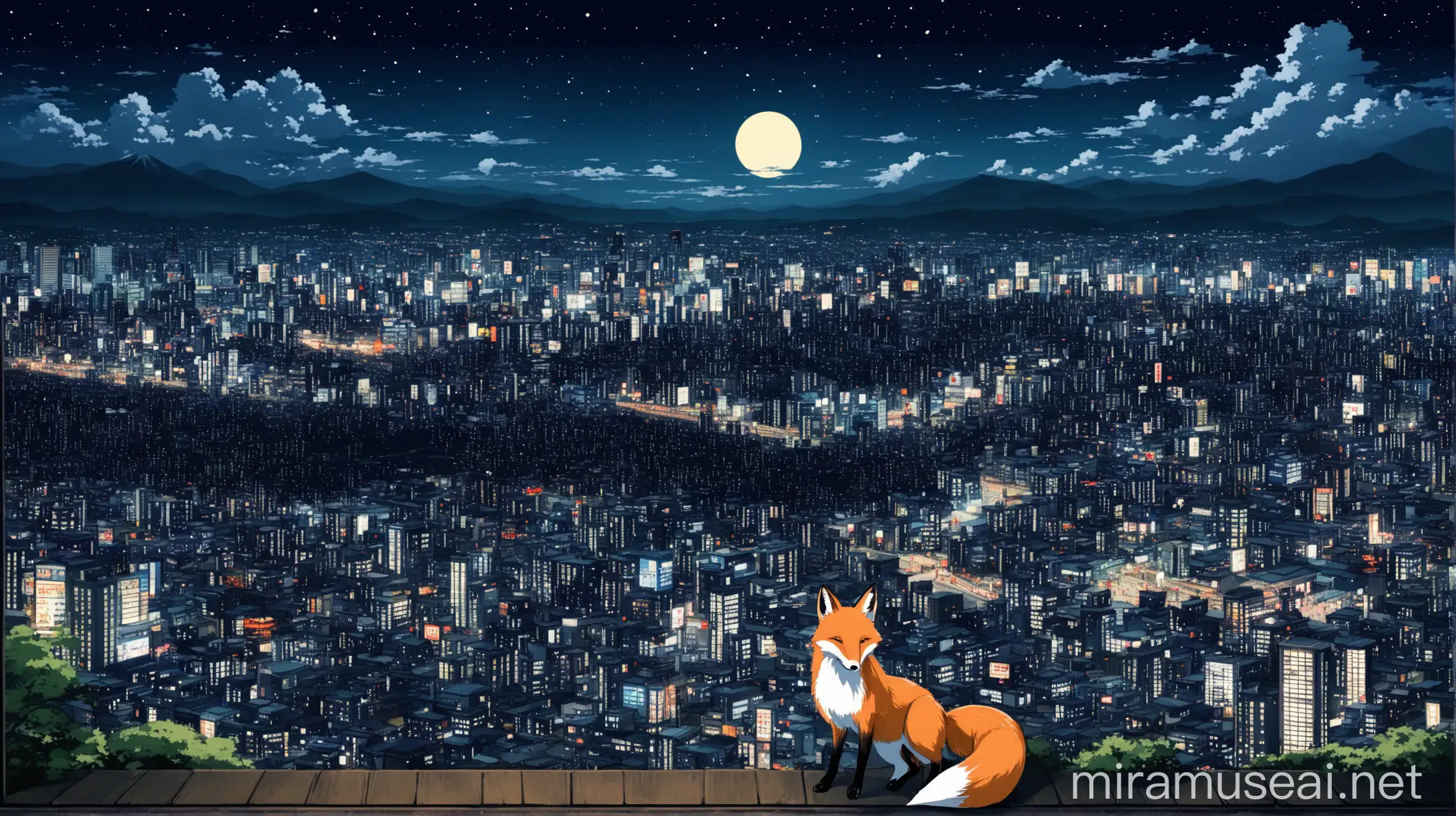 Night City of Japan with Fox Silhouette