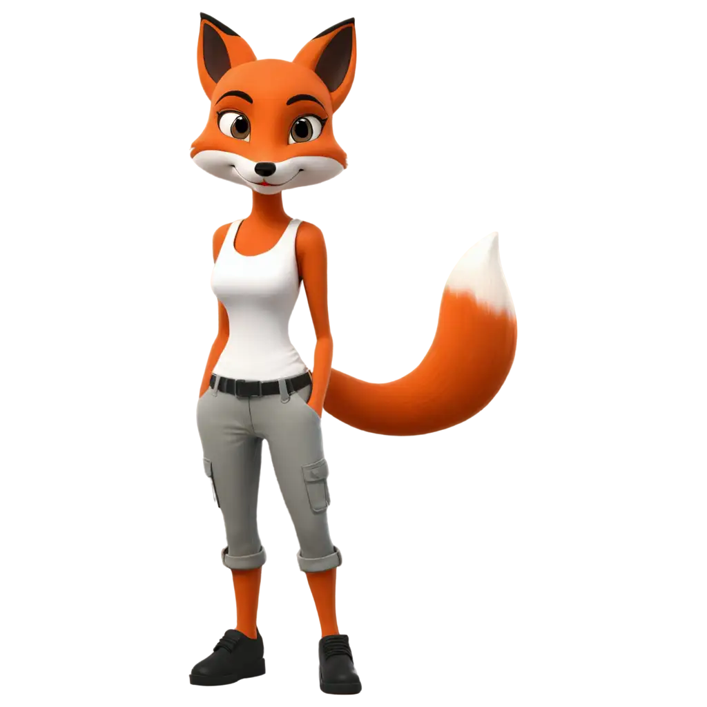 Stunning-PNG-Image-of-a-Shapely-Bipedal-Cartoon-Fox-in-a-White-Tank-Top-and-Grey-Cargo-Pants