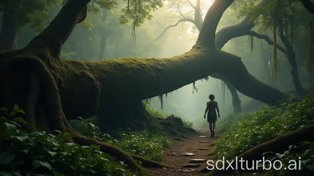 an image of an ancient Javanese warrior looking at a huge fallen tree as he walks into the forest in a mystical forest setting in the late afternoon with dim sunlight.