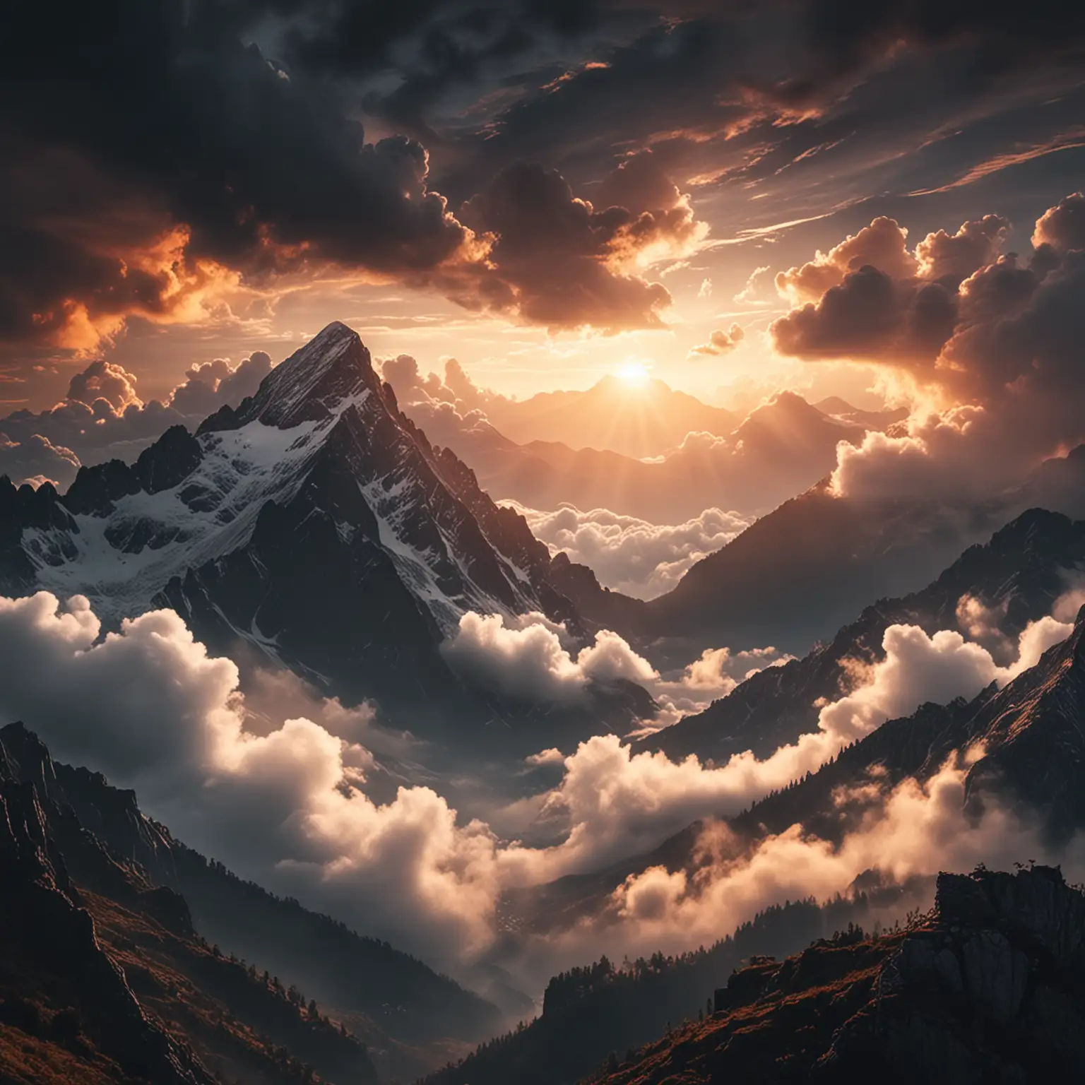 Majestic Sunrise over Cloudy Mountain Peaks