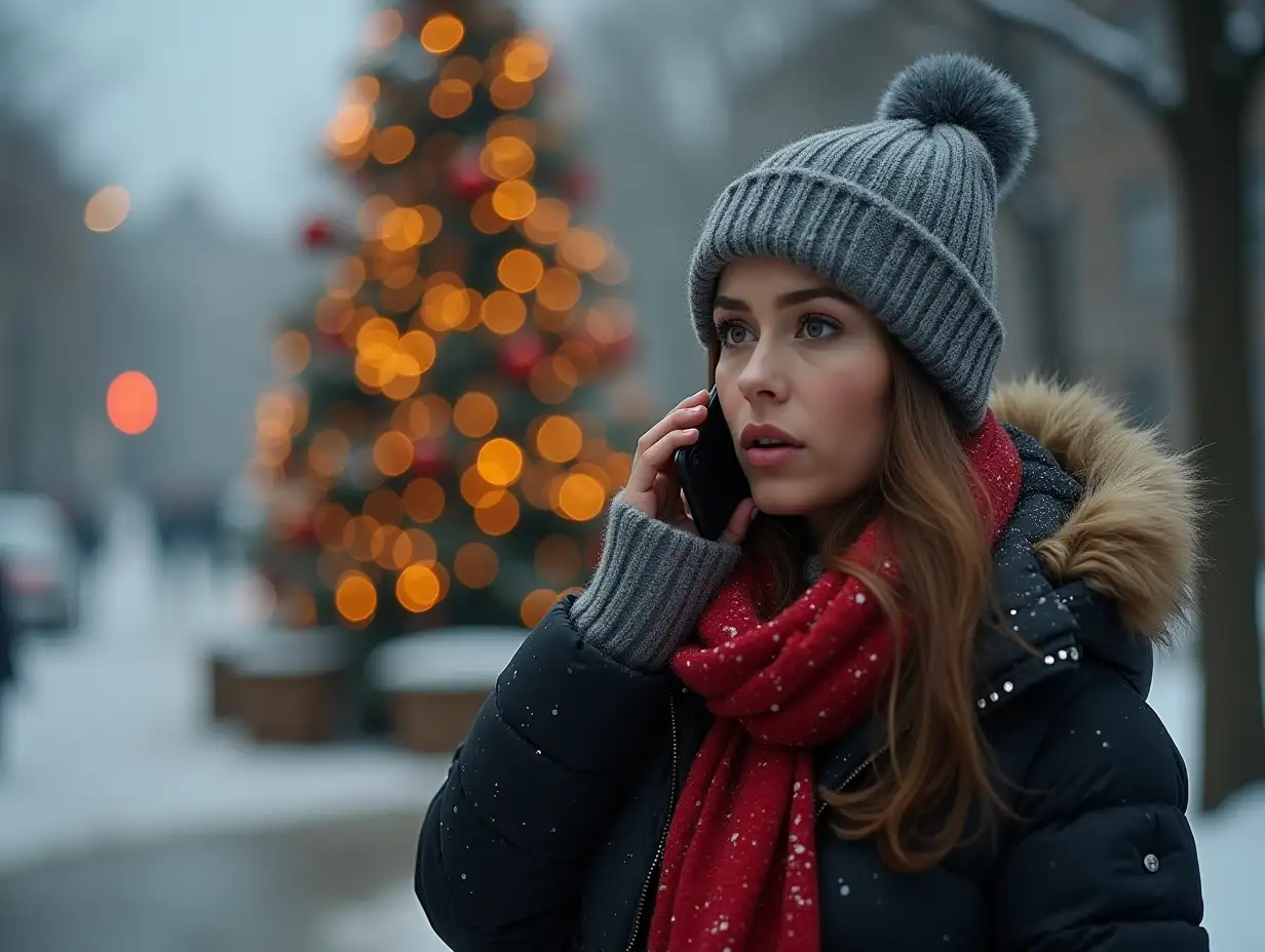 a woman on the street in winter, near a new year's fir tree, in one hand a Bengal fire in the other speaks on the phone. she is shocked