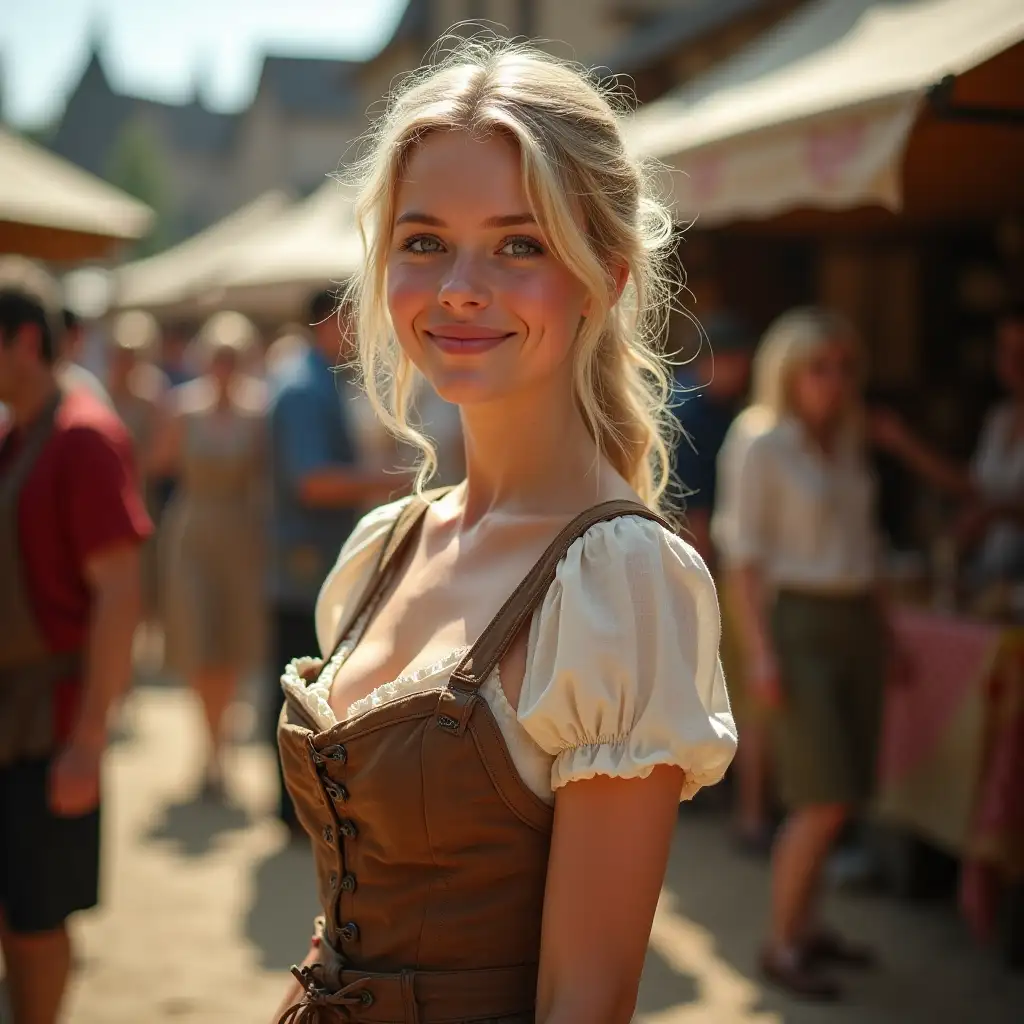 Photoreslistic photography: A beautiful medieval peasant blonde woman posing flirtatiously in the middle of a bustling medieval fair. She has rosy cheeks, tousled blonde hair, and a playful smile, tiny breasts, wearing a simple yet charming linen dress with an apron and a corset. The fair is lively with merchants, performers, and villagers in the background—colorful market stalls, jugglers, and musicians add to the festive atmosphere. Soft natural lighting enhances her warm, inviting expression, with a hint of rustic charm. The style is a mix of romantic realism and fantasy, with rich textures and vibrant colors