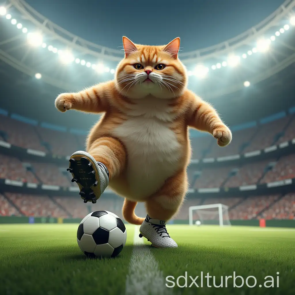 Create a realistic yet whimsical image of a chubby cat dominating a large football stadium, mid-action in a powerful kick. The cat is wearing oversized, highly detailed football cleats, emphasizing the shoes as a key element of the scene. The cat is in an intense pose, kicking a soccer ball with one paw, showing off its athletic prowess despite its chubby size. The massive football stadium background features green grass, goalposts, and a roaring crowd, all under bright stadium lights. The cat appears larger-than-life, confidently controlling the game, with a playful yet competitive atmosphere.