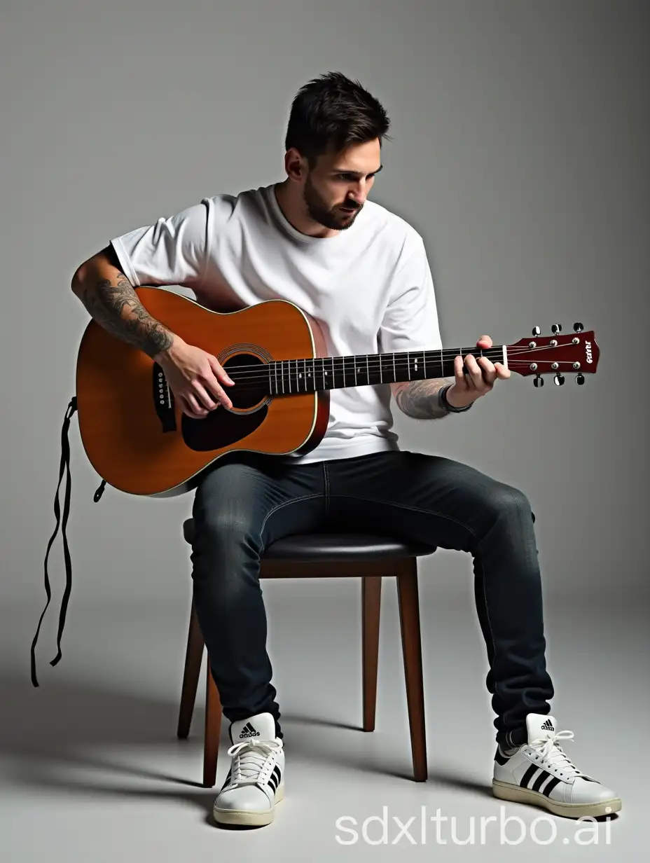 Photo of a football superstar Lionel Messi sitting on a chair, facing towards the camera, playing guitar, wearing white adidas t-shirt, tight jeans and adidas sneakers