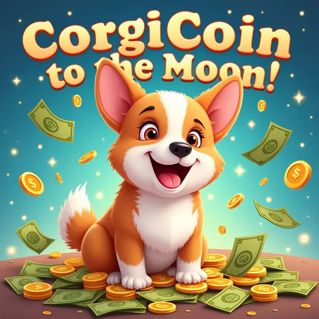 A happy and excited corgi dog sitting in a pile of money, with coins and dollar bills falling around him like rain. The corgi has a big smile on his face, and his tail is wagging joyfully. The background is a vibrant, colorful scene with dollar signs and sparkling effects. The text 'CorgiCoin to the Moon!' is written in bold, playful font. The style is cartoonish, with bright colors and cheerful vibes. 16:9 aspect ratio, ultra-detailed, 4K resolution.