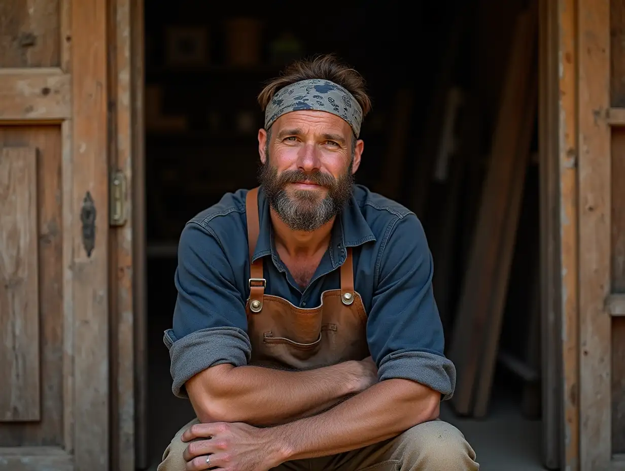 A thoughtful man, a carpenter, sits at the entrance to the carpentry workshop. He has a bandana on his head. His broad shoulders and muscular arms are partially hidden under a layer of fine wood dust. The sleeves of a navy indigo carpenter shirt are rolled up, revealing forearms marked by years of hard work. Each thread is carefully crafted, emphasizing the worn, rough texture of the fabric. His brown leather apron, mottled with marks and stains from countless hours of painstaking work, testifies to his profession.