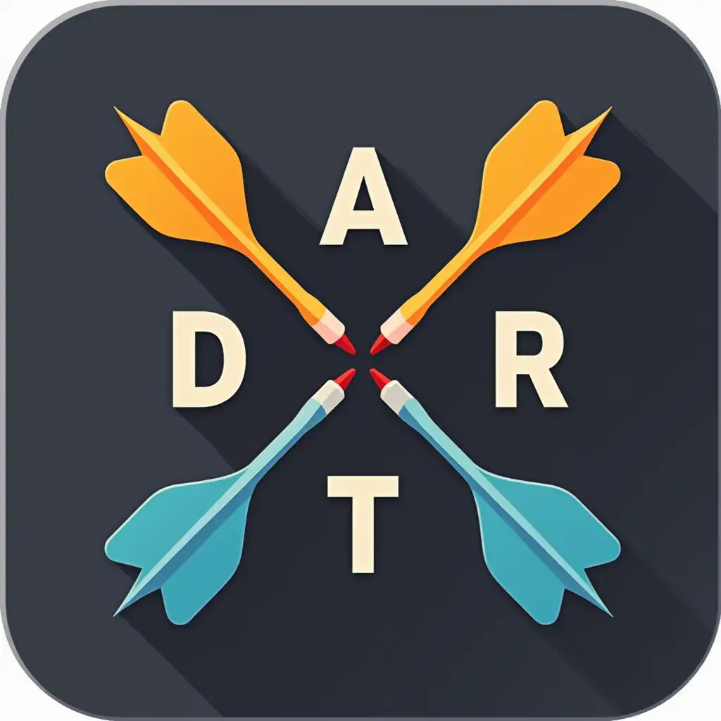 square logo with 4 darts or arrows arranged, with tips not touching, as a cross or X with the letters D, A, R, and T symmetrically arranged around them