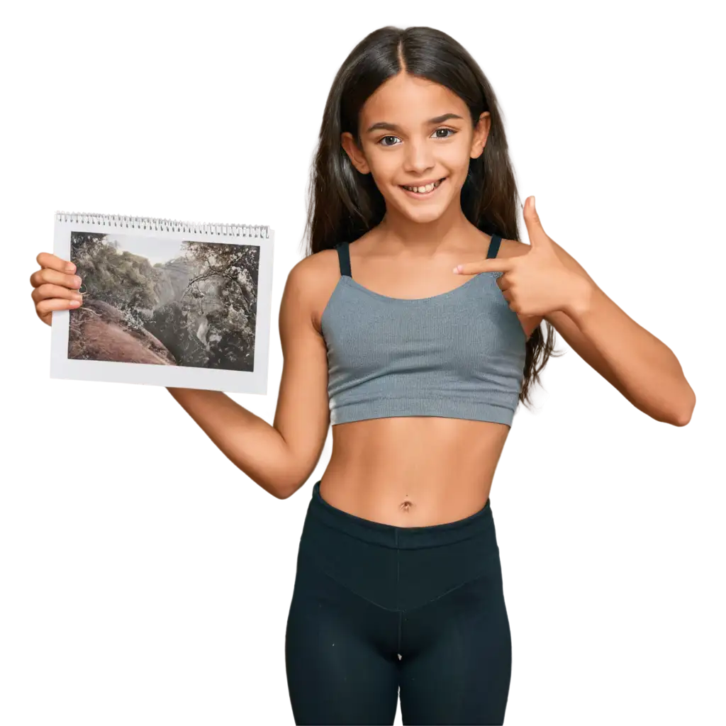 Vibrant-PNG-Image-of-a-Proud-Latin-Girl-Pointing-to-Her-Artwork