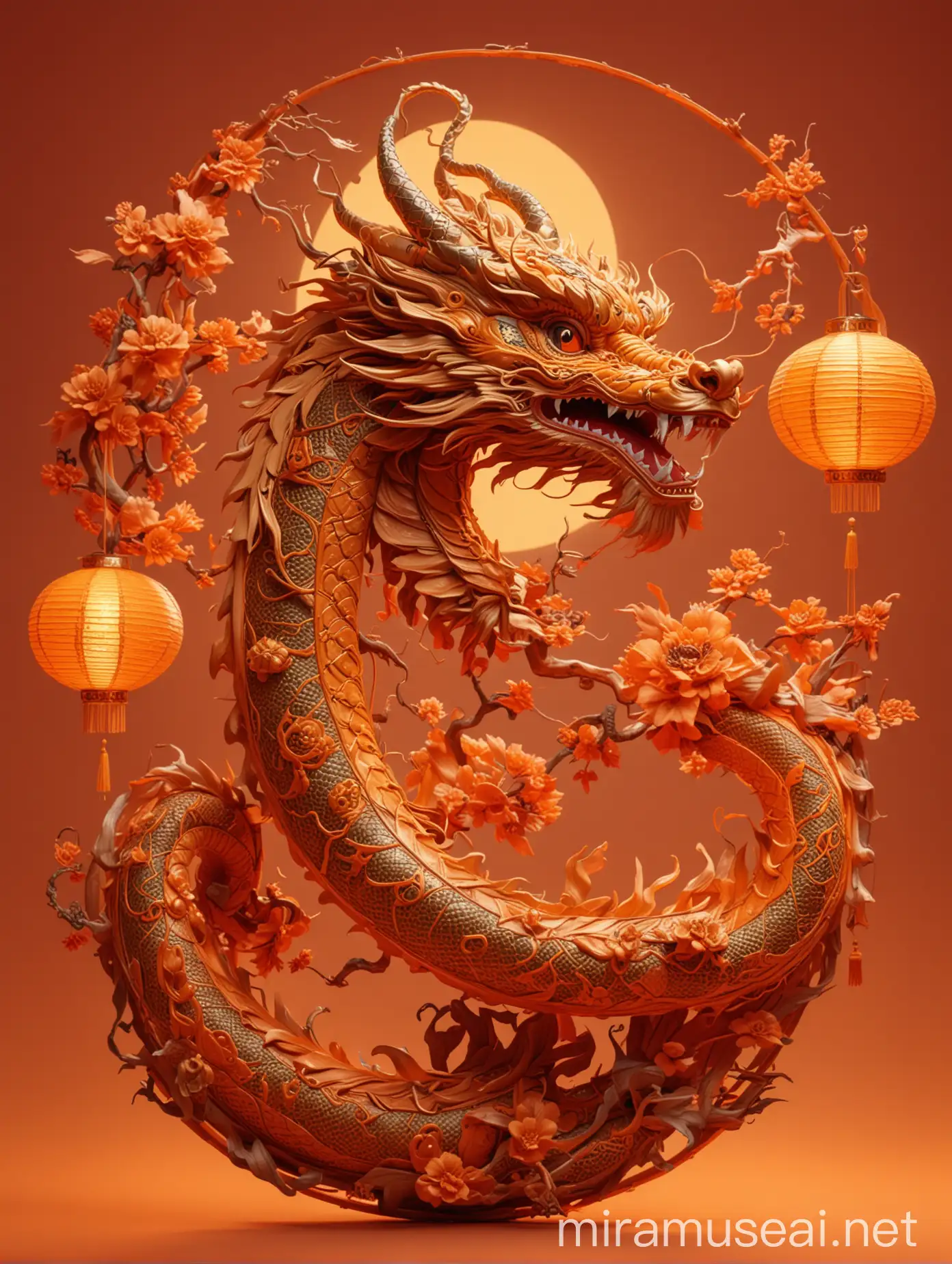 3D Long Chinese Dragon Surrounded by Lanterns on an Orange Background