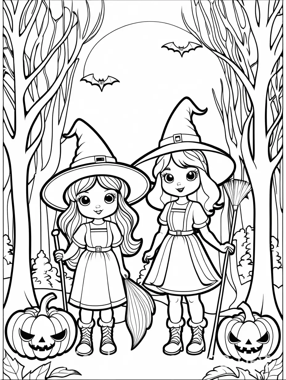 Charming-Young-Witches-in-a-Spooky-Forest-for-Kids-Coloring-Page