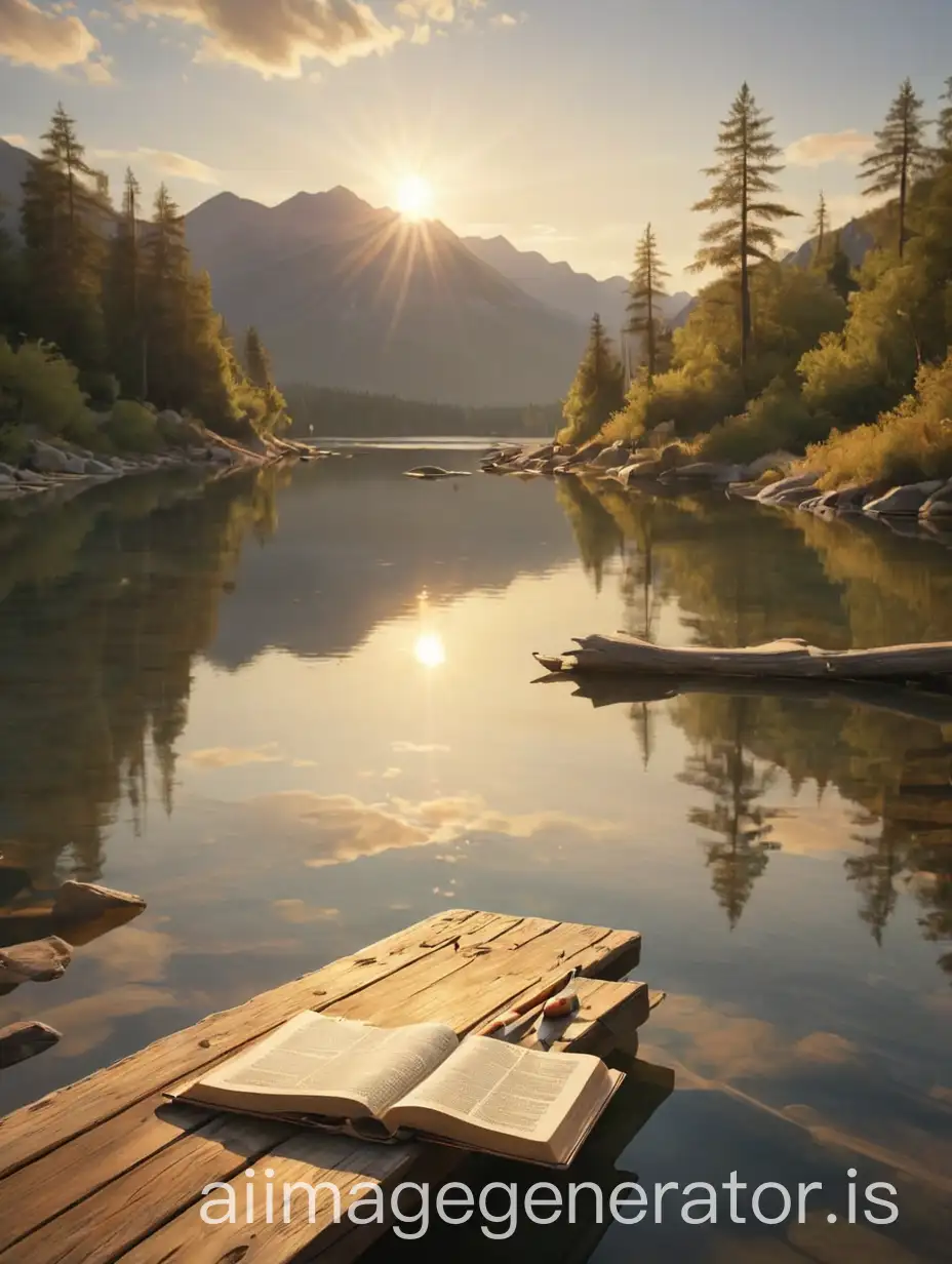 By a serene, secluded lake in the mountains, a wooden dock extends over the calm water. An open Bible rests at the end of the dock, with a fishing rod leaning against it. The surrounding mountains are reflected perfectly in the still water, and the setting sun bathes the entire scene in a warm, golden light.