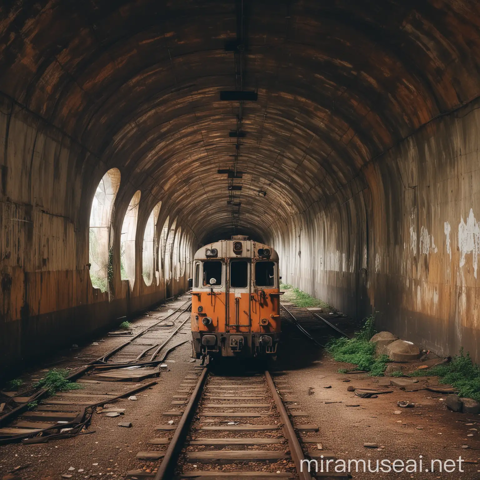 Rusty Abandoned Train Wagon in Tunnel