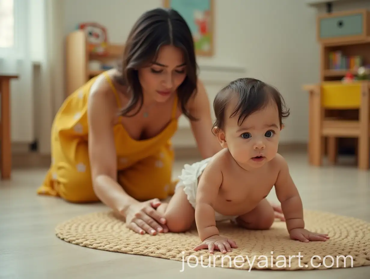 Woman-Crawling-After-Baby-in-Hello-Kitty-Diaper-at-Kindergarten
