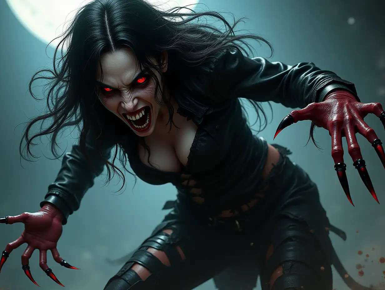 A feral vampire woman with long, sharp claw-like nails in a dynamic attacking pose, wearing tattered gothic clothing. Her face shows intense predatory expression with visible fangs, pale skin, and glowing red eyes. Her long dark hair is wild and disheveled, flowing dramatically. The pose captures aggressive movement, with claws extended and body crouched in a threatening stance. The lighting is dramatic with moonlight casting eerie shadows, dark fantasy art style, highly detailed digital illustration.