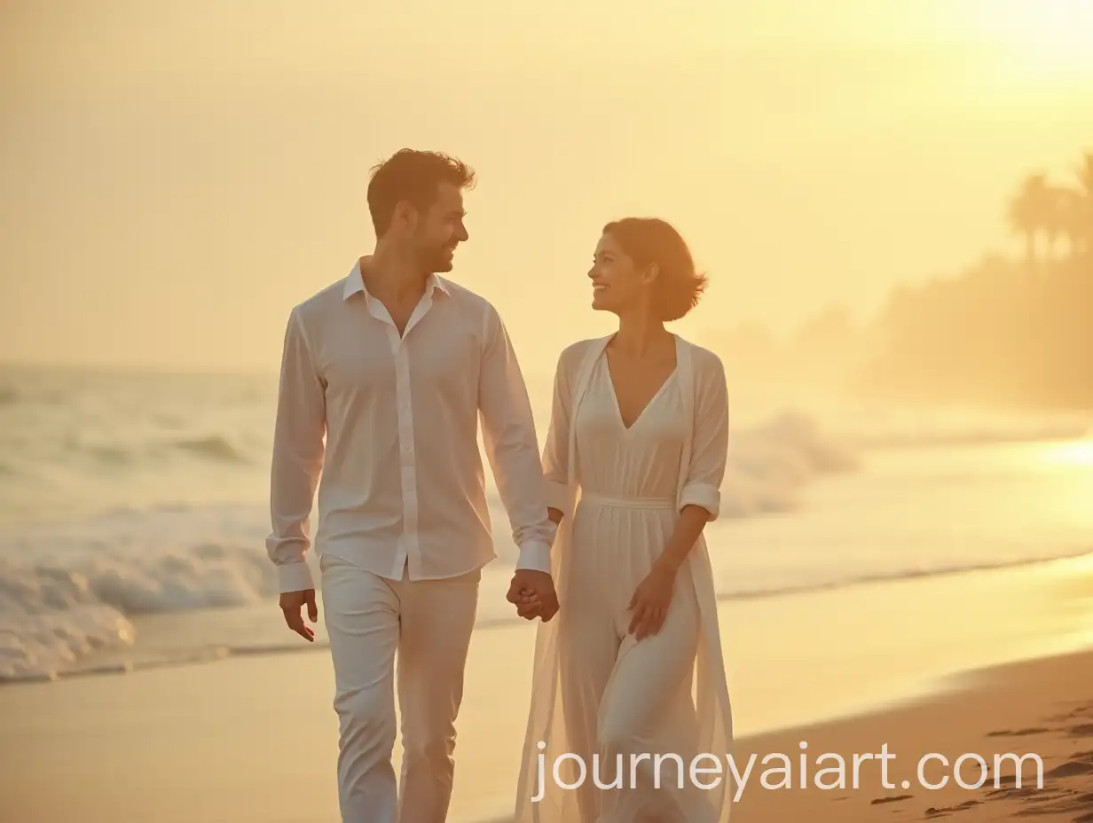 Romantic-Couple-Walking-HandinHand-on-a-Misty-Beach-at-Sunrise