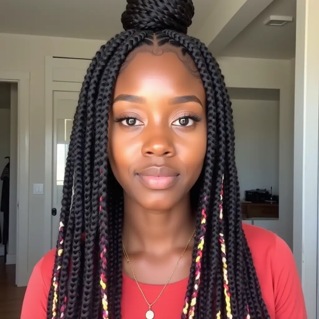 A young and beautiful black woman in a livestream, showcasing a hairstyle of braids with colorful hair extensions, typical of black dirty braids with lovely colored strands intertwined, it's very fashionable