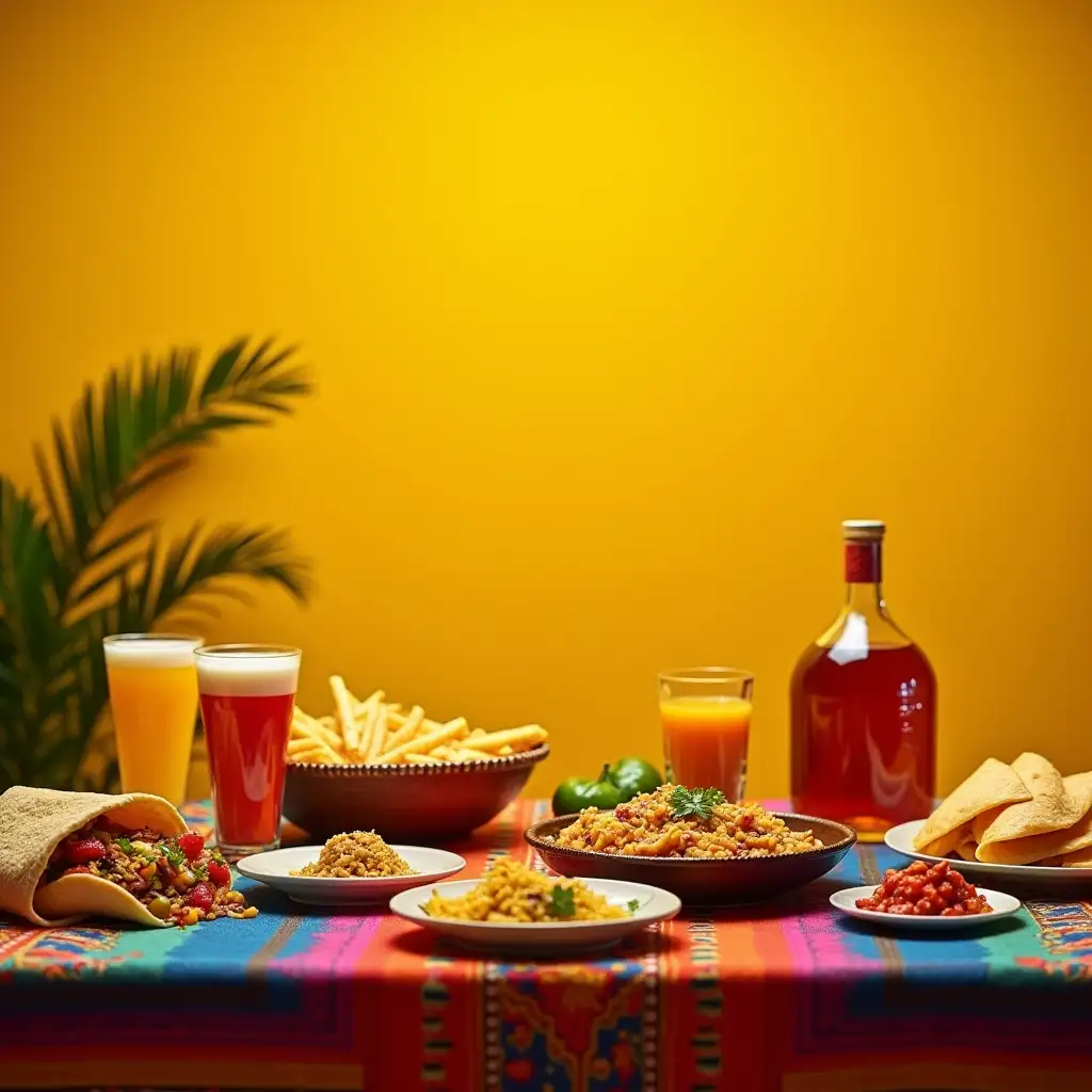 Mexican festival, there are food and drinks on the table, with a yellow background, very atmospheric