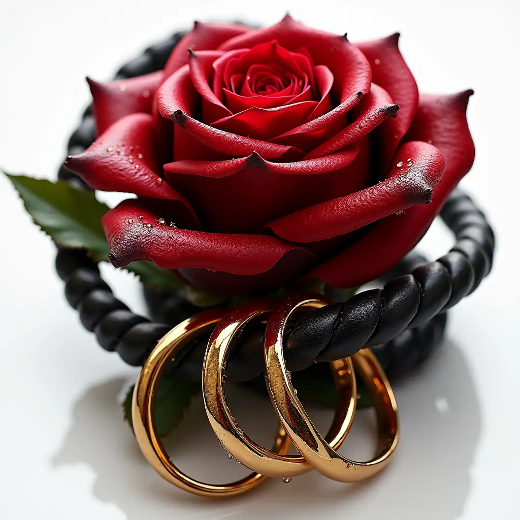 Luxurious Rose Leather Whip and Gold Rings Logo