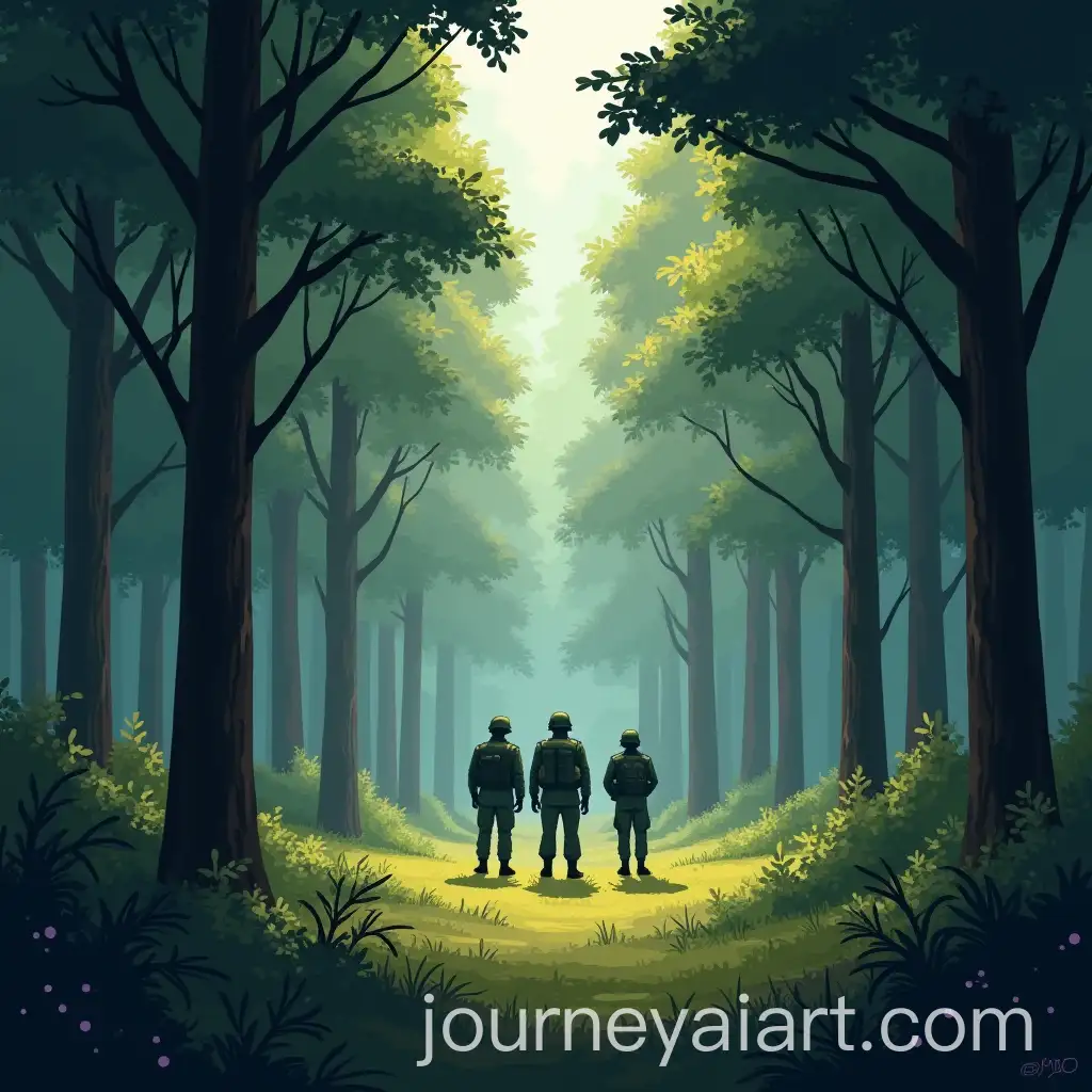 Three-Military-Personnel-in-Forest-Glade-Surrounded-by-Hidden-Soldiers