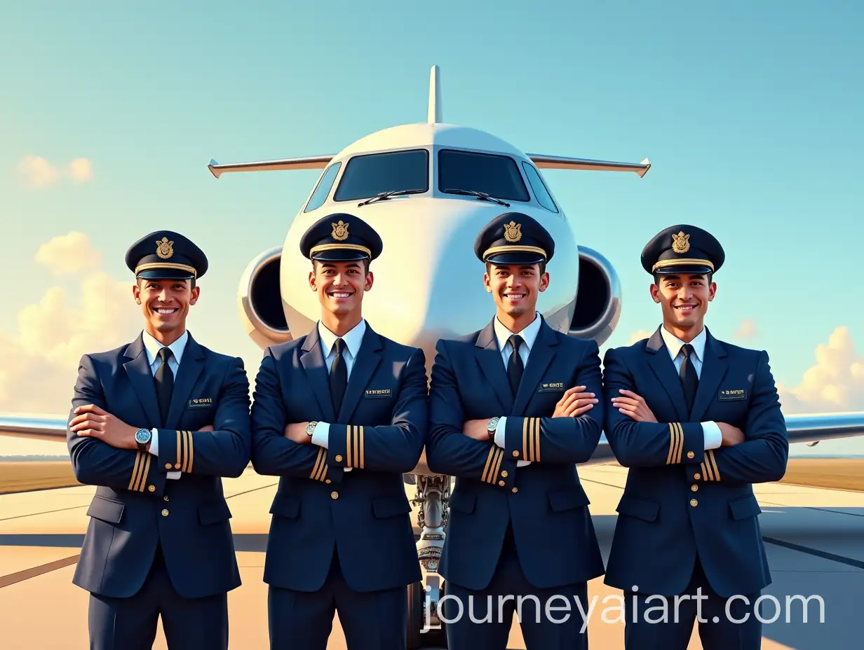 Four-Handsome-Pilots-Standing-in-Front-of-a-Luxury-Aircraft-in-Dramatic-Sky
