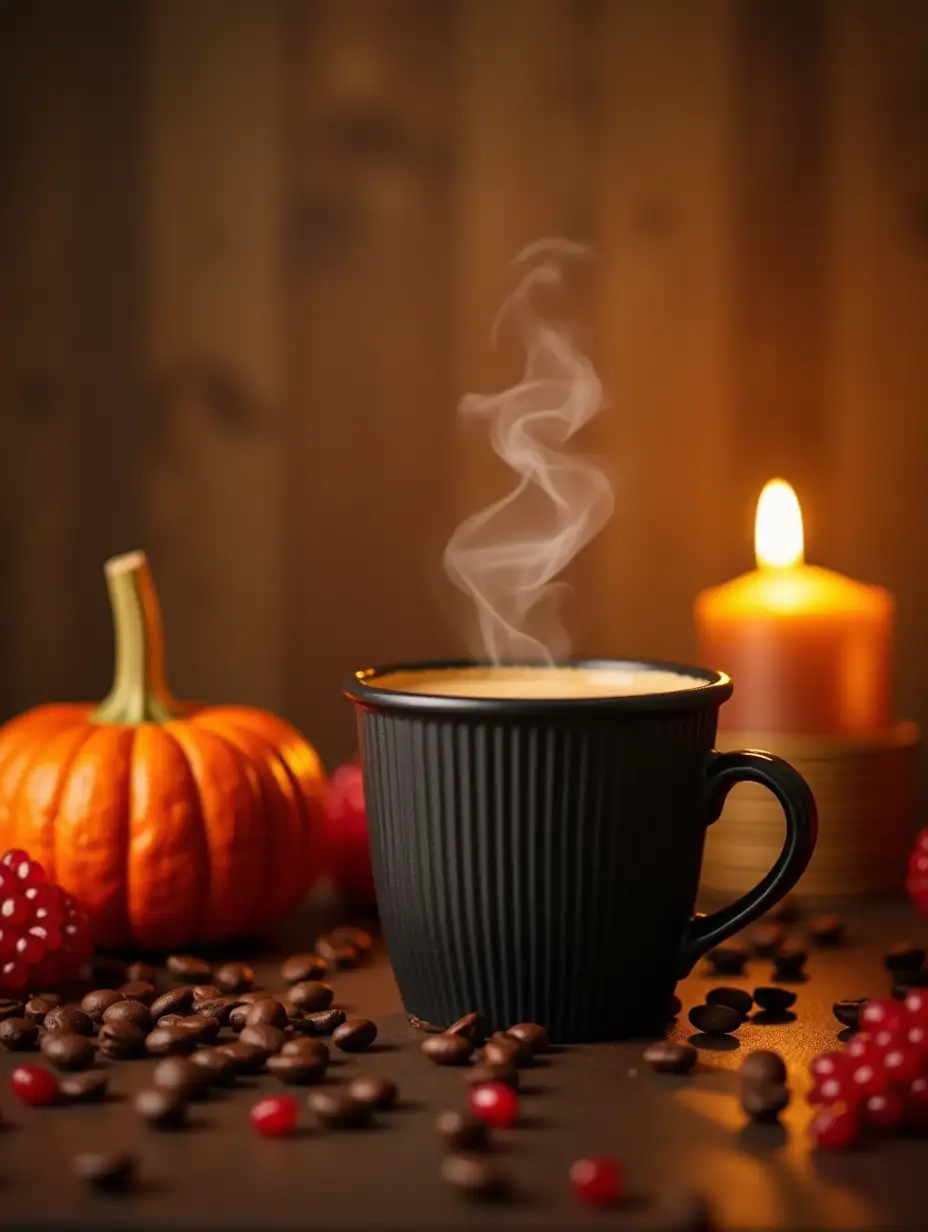 A warm and festive Yalda Night Instagram post for a coffee shop. The image features a close-up view of a wooden cafe table with a black paper coffee cup (ripple) emitting gentle steam. Scattered coffee beans add a cozy touch to the scene. Around the coffee cup, traditional Yalda Night decorations are arranged: bright red pomegranates, a vibrant orange pumpkin, glowing candles, and festive Iranian Yalda table elements. The background is softly blurred in warm cream and brown tones, complementing the wooden aesthetic. The lighting is warm and inviting, perfect for showcasing the charm of a Persian Yalda night celebration.