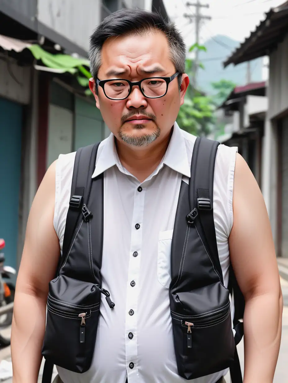 middle-aged uncle, Asian face, white sleeveless shirt, big belly, expressionless eyes, tired, tailor's profession, wearing black-framed glasses, background is outdoor backpack design studio