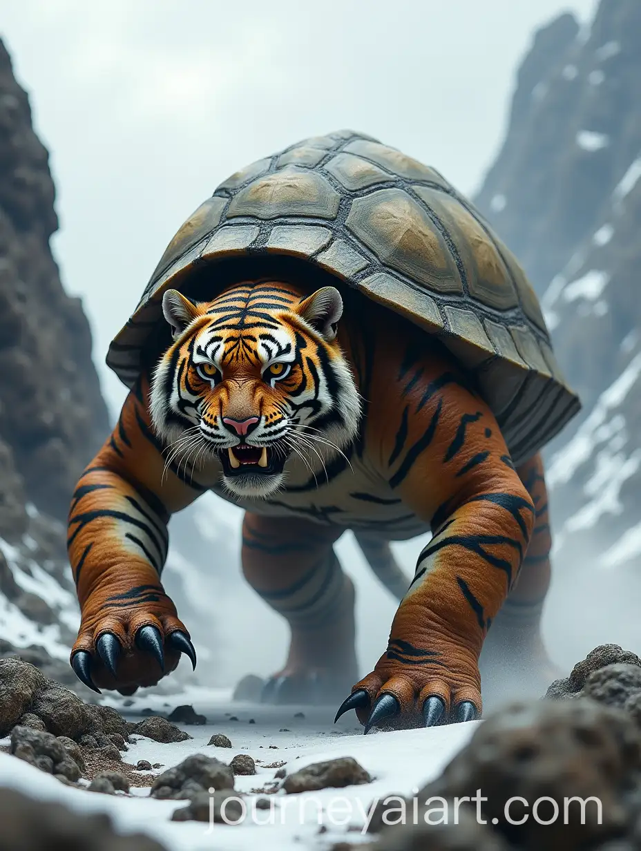 Hybrid-Creature-with-Turtle-Shell-and-Tiger-Body-Roaming-Rugged-Mountain-Landscape