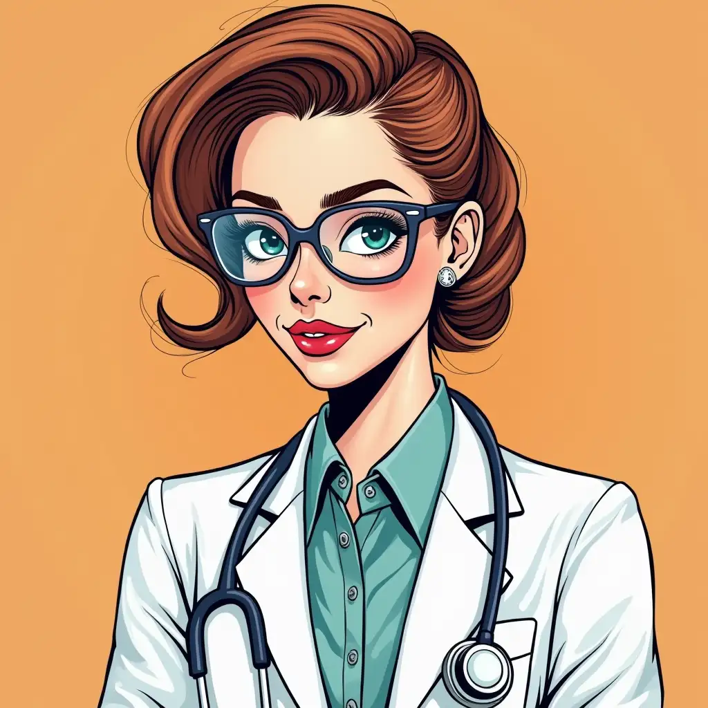 A girl doctor otolaryngologist in pop art style with a forehead reflector