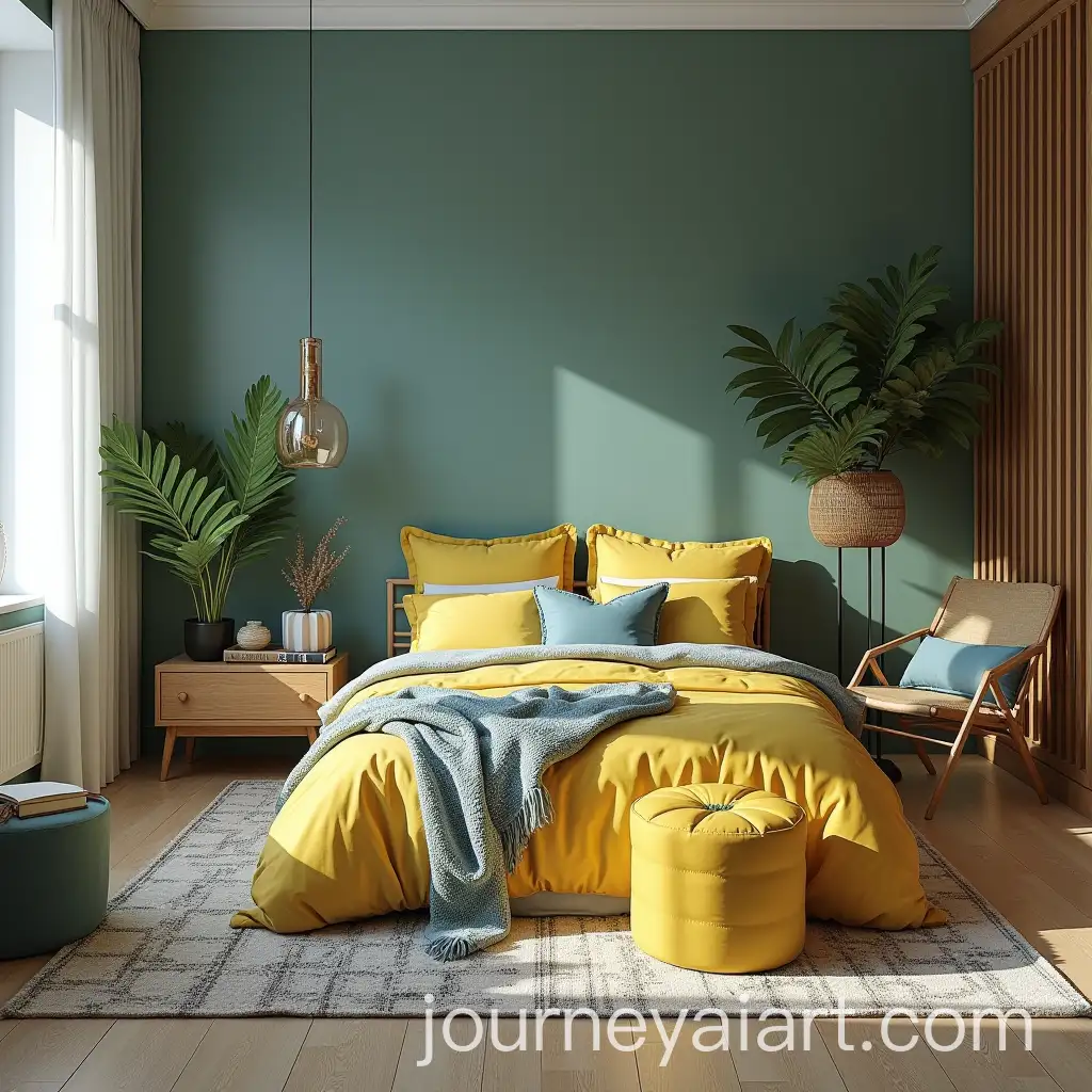 Stylish-Mansion-with-Yellow-and-Blue-Accents-Surrounded-by-Lush-Greenery