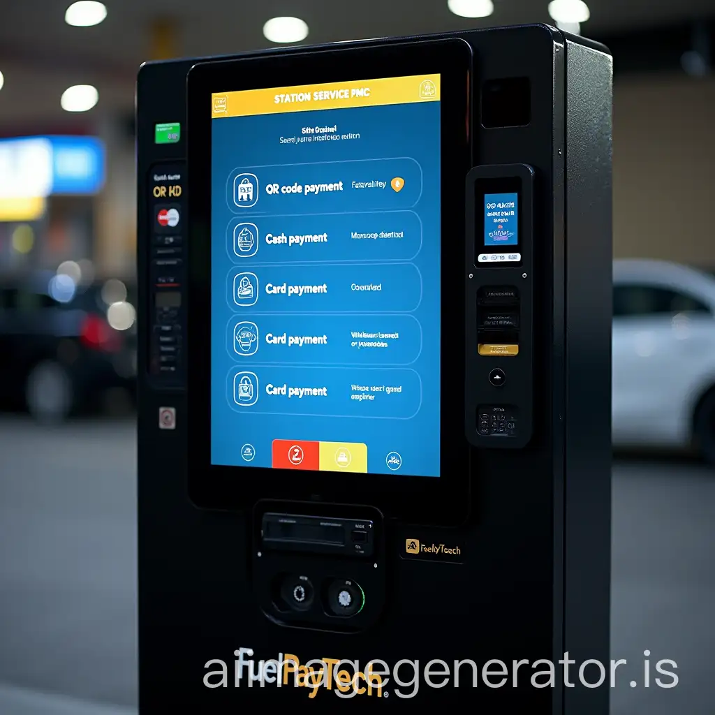A black payment kiosk with yellow and blue accents, probably located at a gas station, as evidenced by the 'STATION SERVICE PMC' label displayed at the top of the central touchscreen. It is an intelligent fuel payment machine, equipped with an interactive screen that offers several options: 'QR code payment', 'Cash payment', 'Card payment', as well as red and green buttons at the bottom of the screen for transaction validation or cancellation. On the left side of the kiosk, there is a card reader, a numerical keypad, a bill slot, and another for giving change or printing a receipt. The right side has NFC symbols for contactless payment and a slot for inserting a fuel card or ticket. The interface is designed to effectively guide the user in an outdoor environment. The company's logo (to be customized, e.g., 'FuelPayTech') is visible at the bottom of the kiosk. The ambient lighting is low, but the kiosk itself is well lit, highlighting its various user interfaces.