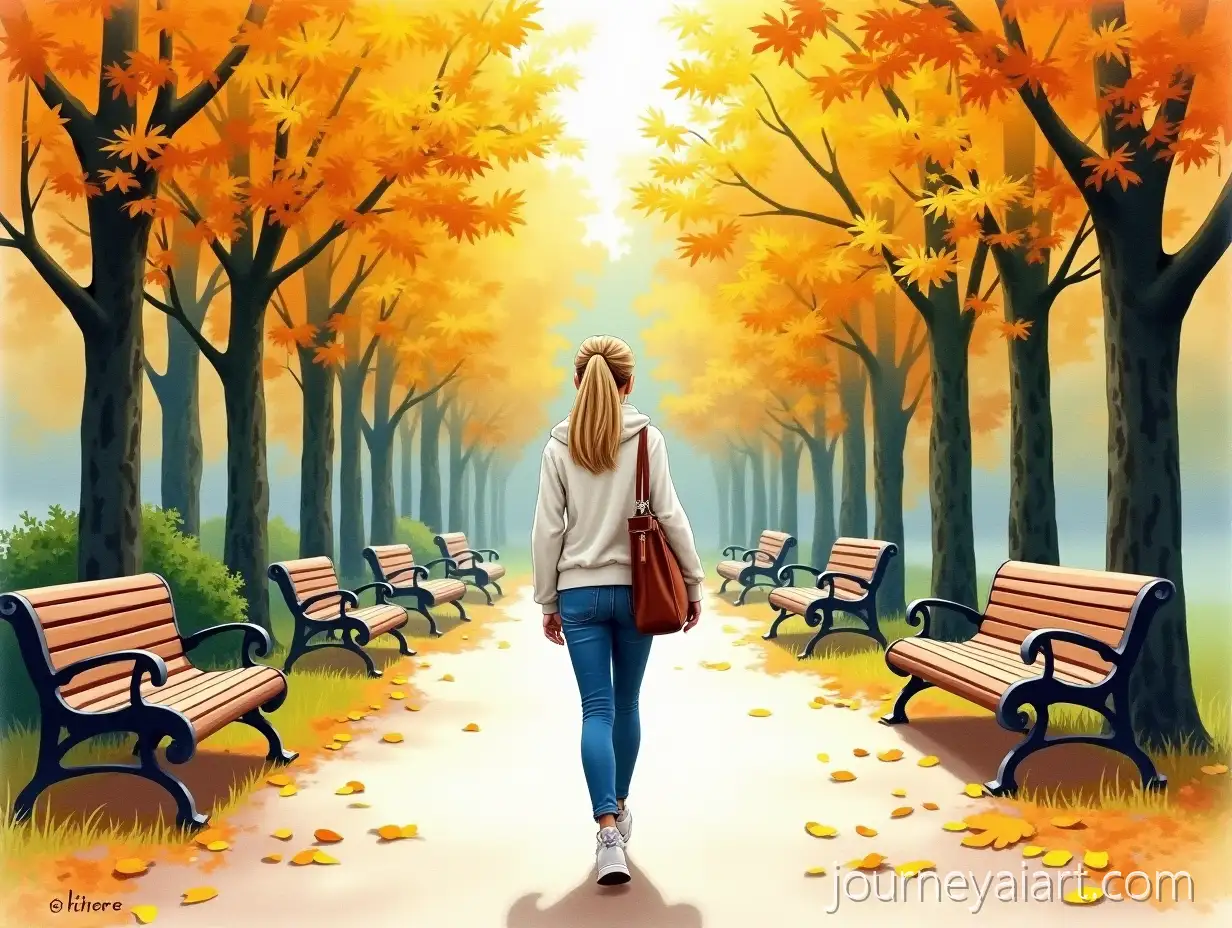 Girl-Walking-Through-Autumn-Park-with-Colorful-Trees-and-Benches-in-Watercolor