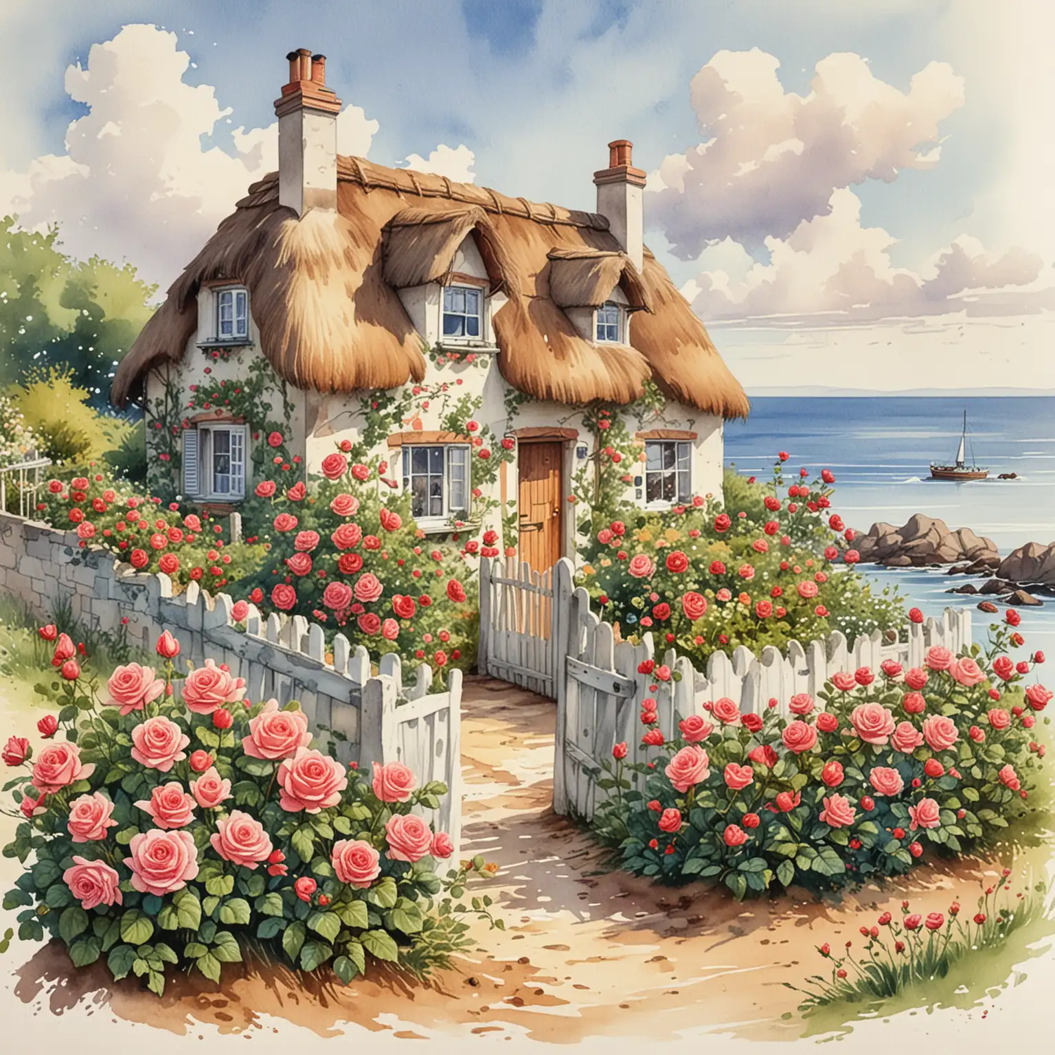 Cartoon Style Watercolor Cottage by the Sea with Roses