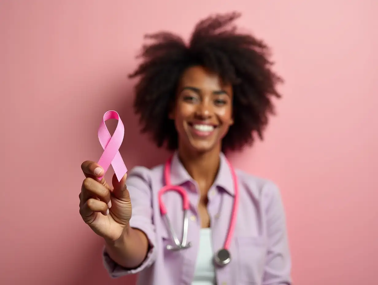 African american woman holding pink cancer ribbon celebrating achievement with happy smile and winner expression with raised hand