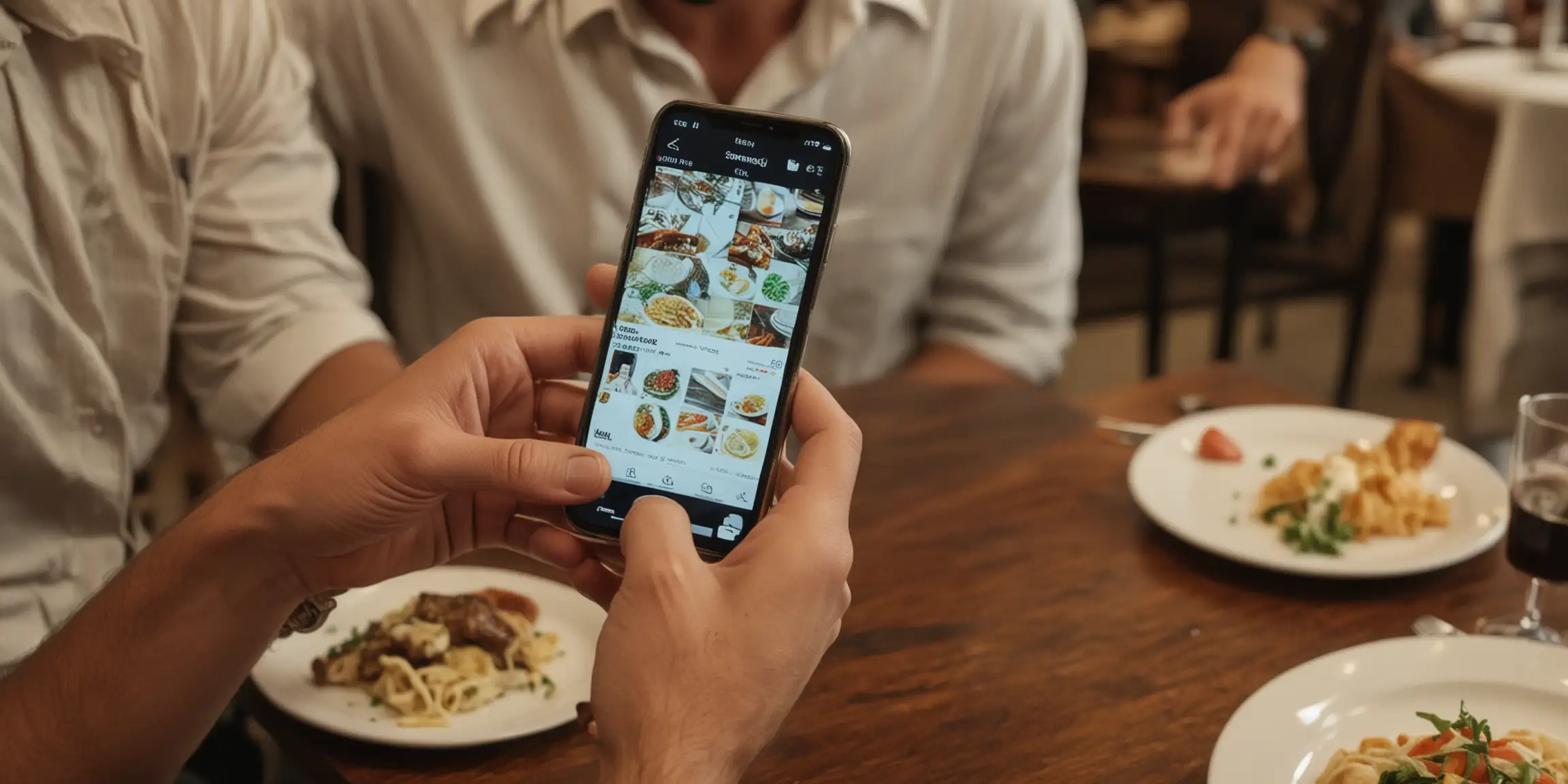 Man Using iPhone in Restaurant with Screen Visible