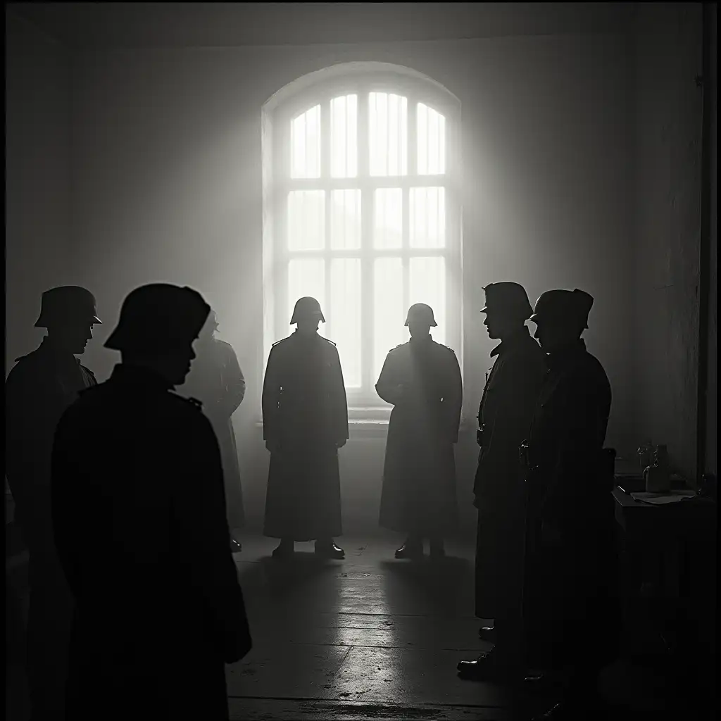 Silhouette, occult, camera obscura, CCTV, arafed, grainy monochrome, damaged film, a group of anabaptist soldiers standing next to each other, in a meeting room, announcement of a new megaweapon, tools of psychic genocide, gritty image, thertrevkaiser, Holy Roman Empire dictatorship, archilect, studying in a brightly lit room, silhouette, as photograph, left, schutztruppe, schutzstaffel, vienna secesion style, Protestant Reformation, protestant composition, berlin secession, german military, several soldiers, totalitarian setting, dystopian reichstag germany, anabaptist scenery, anabaptist themes, a shadowy and ominous cultural megastructure in background, militant anabaptism