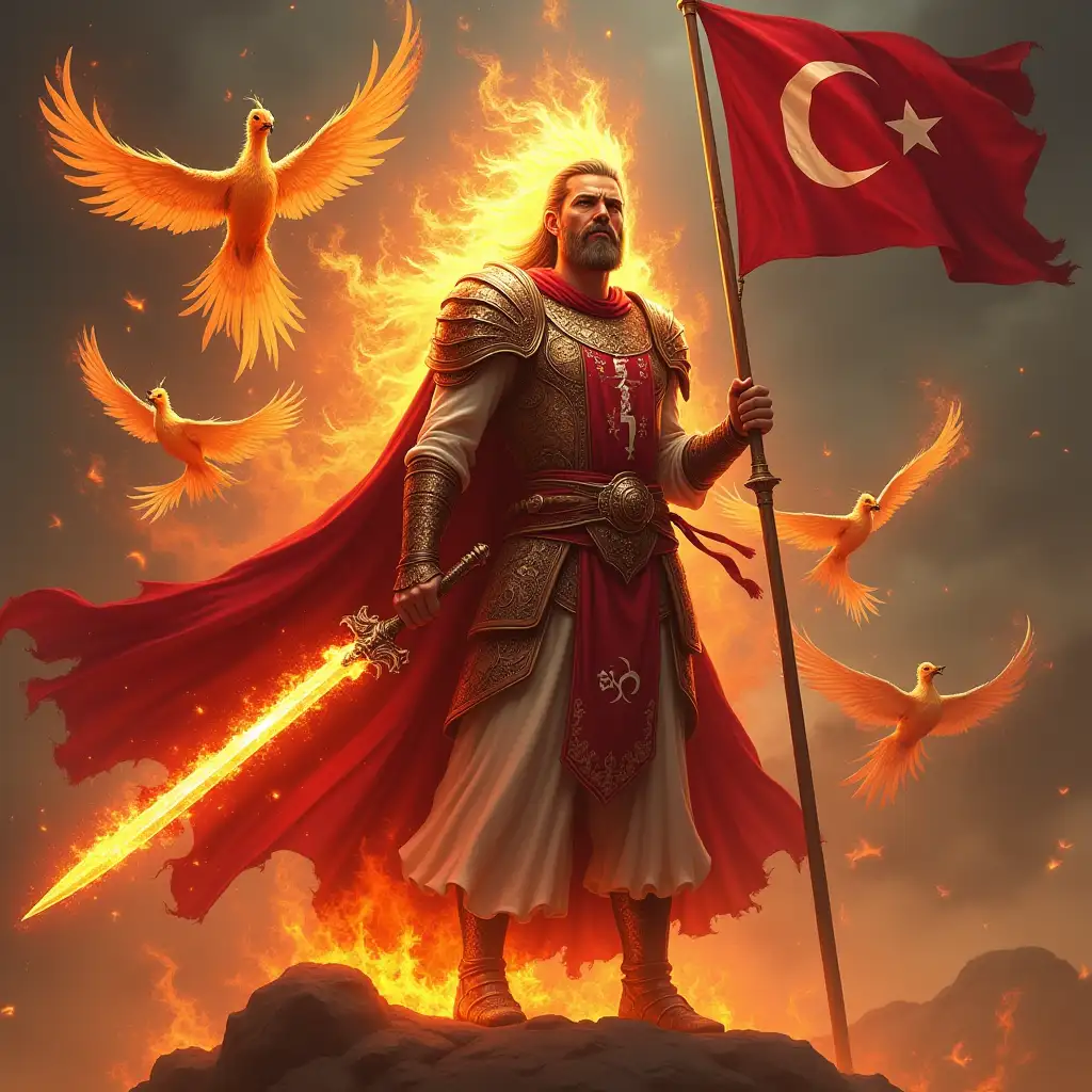 Turkey: A fiery warrior with Ottoman-inspired red and white armor. Their flowing cape displays the crescent moon and star of the Turkish flag, glowing with mystical energy. They wield a blazing scimitar, and ethereal phoenixes fly around them, symbolizing rebirth. The Turkish flag is positioned in the upper right corner.